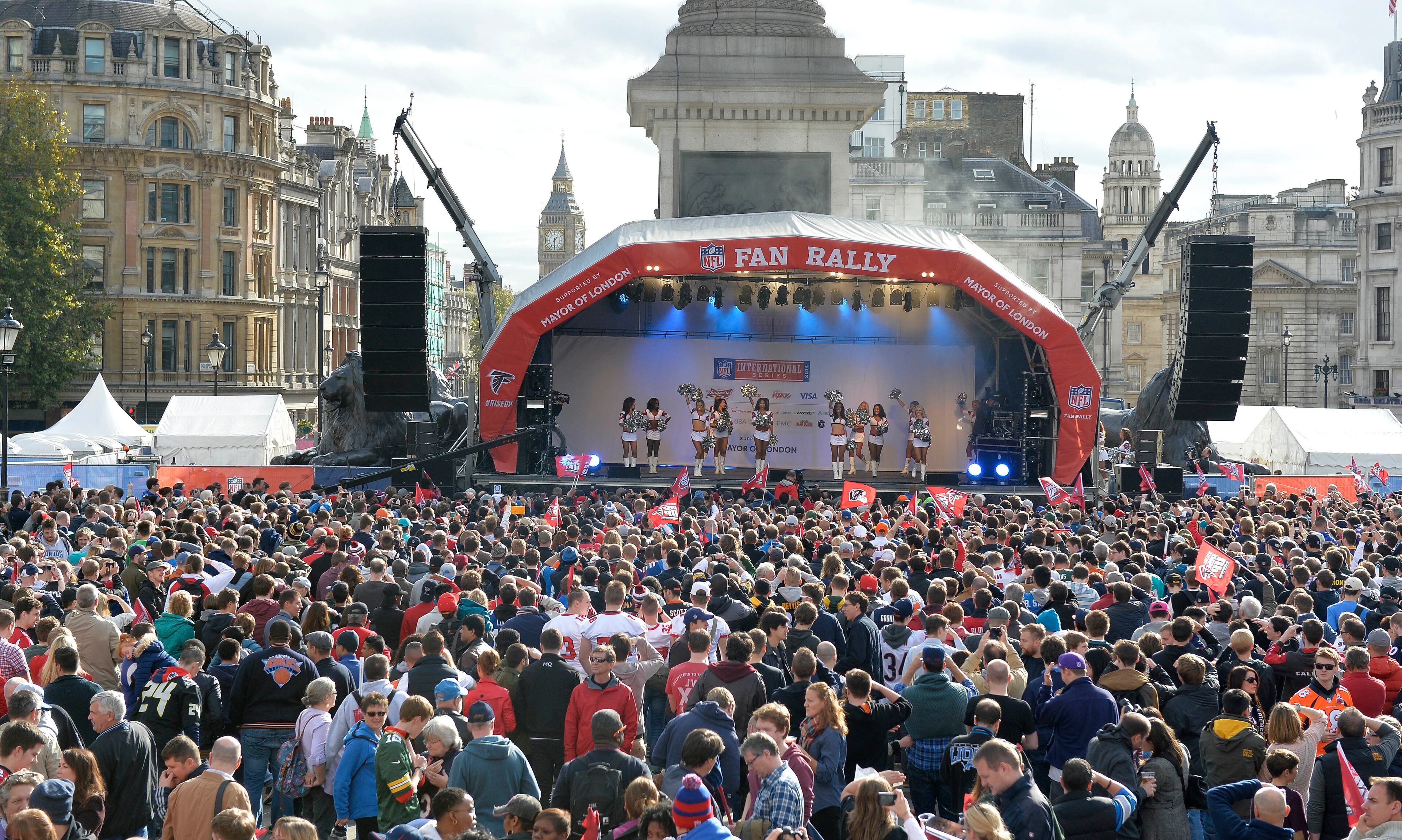 Falcons cheerleaders perform in Trafalgar Square. Sean Ryan /NFL