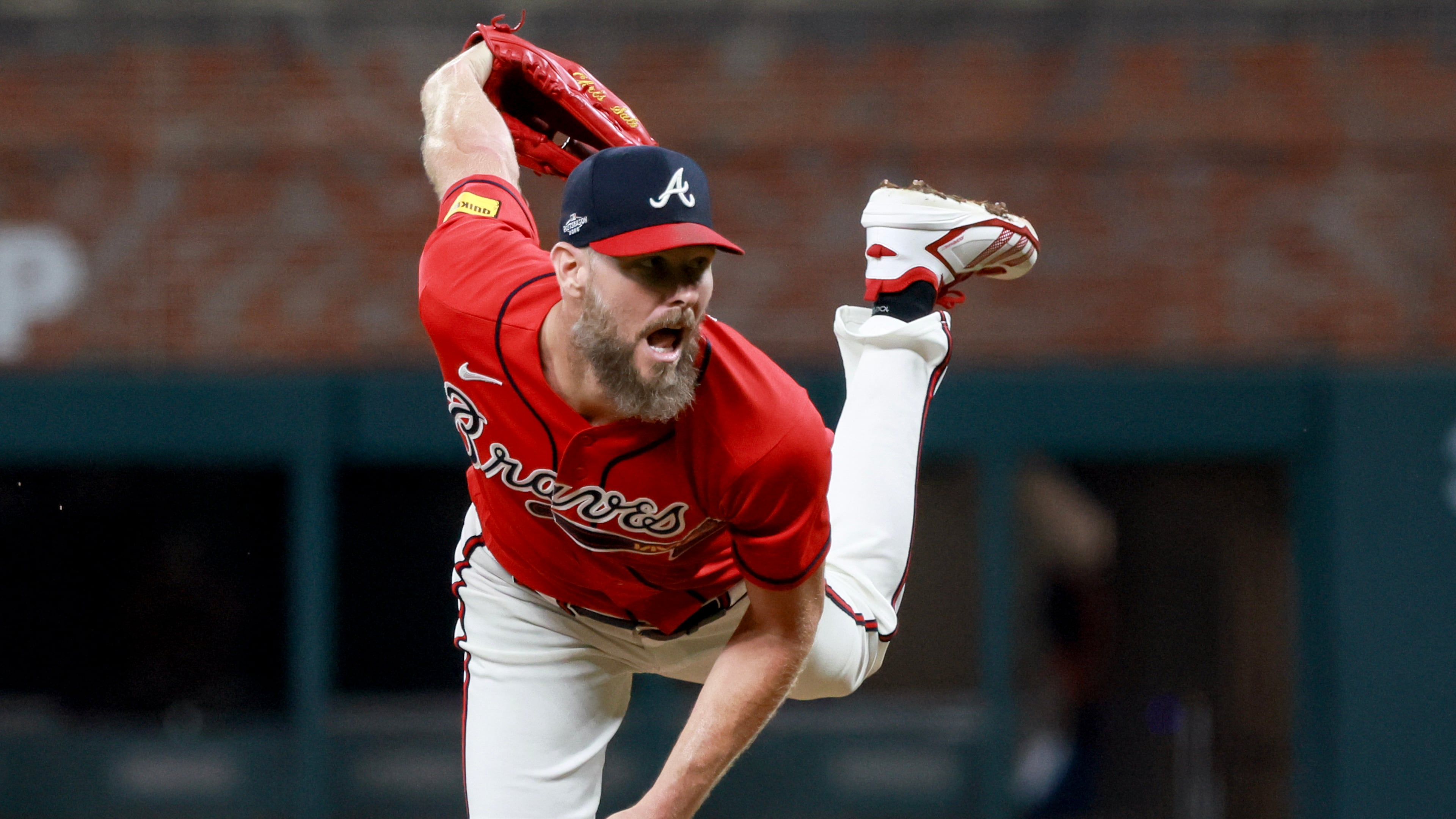 Atlanta Braves pitcher Chris Sale delivers to a Philadelphia Phillies batter during the eighth inning of Game 3 of a MLB National League Wild Card playoff series between the Atlanta Braves and the Philadelphia Phillies, Thursday, Oct. 1, 2026, in Atlanta. (Jason Getz/AJC)