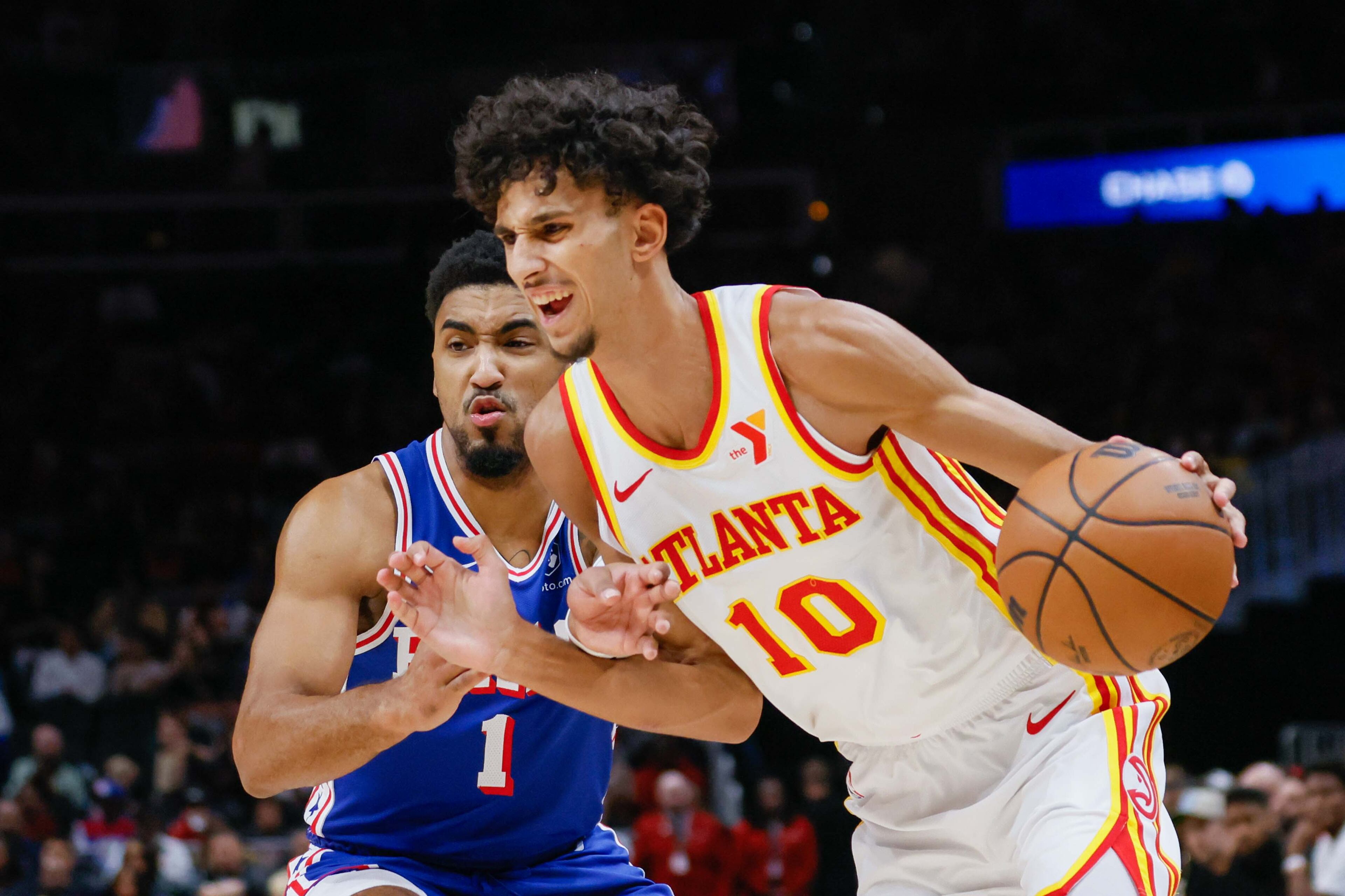 Atlanta Hawks forward Zaccharie Risacher (10) dribbles against Philadelphia 76ers forward KJ Martin (1) during the first half against the Philadelphia 76rs at State Farm Arena during an NBA exhibition game on Monday, October 14, 2024, in Atlanta.
(Miguel Martinez/ AJC)