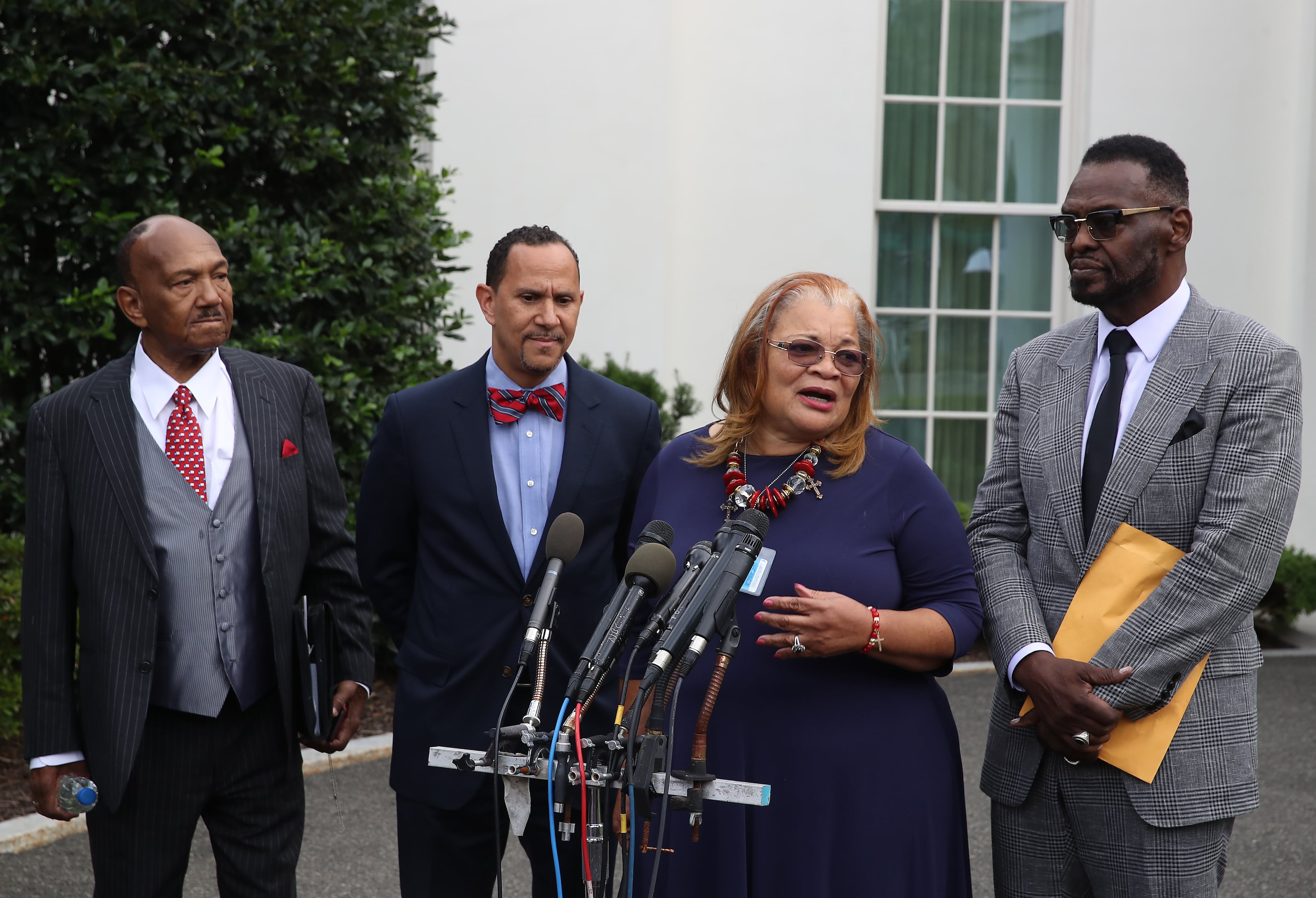 Alveda King (2R), niece of Dr. Martin Luther King Jr., speaks to the media following a meeting with U.S. President Donald Trump and other faith-based inner-city leaders at the White House on July 29, 2019 in Washington, DC. U.S. President Donald Trump has again been labeled a racist after launching a Twitter attack on Rep. Elijah Cummings and the district he represents say that Baltimore is, disgusting, rat- and rodent-infested.
