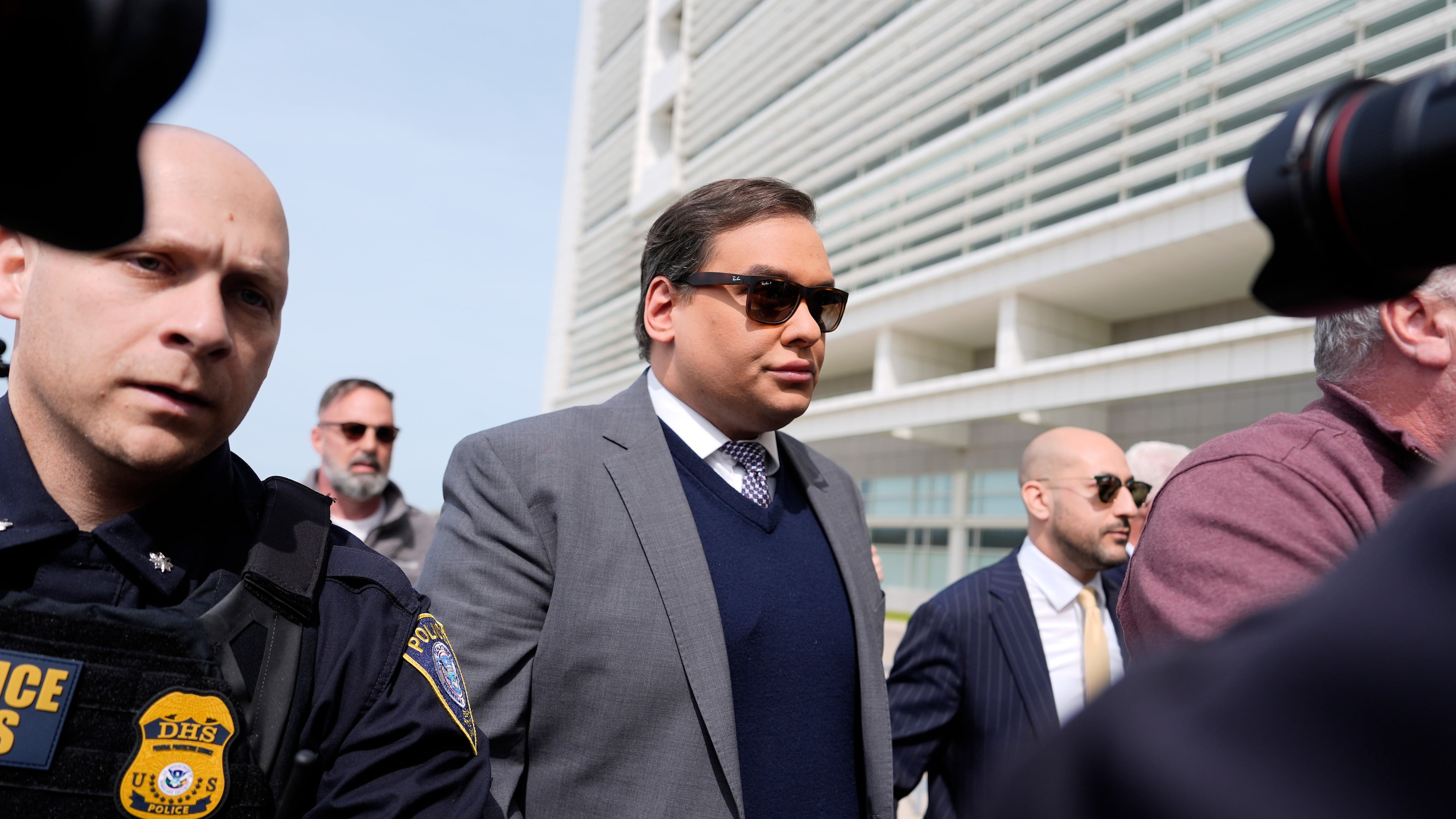 FILE - Former U.S. Rep. George Santos arrives at federal court for sentencing, April 25, 2025, in Central Islip, N.Y. (AP Photo/Julia Demaree Nikhinson, File)