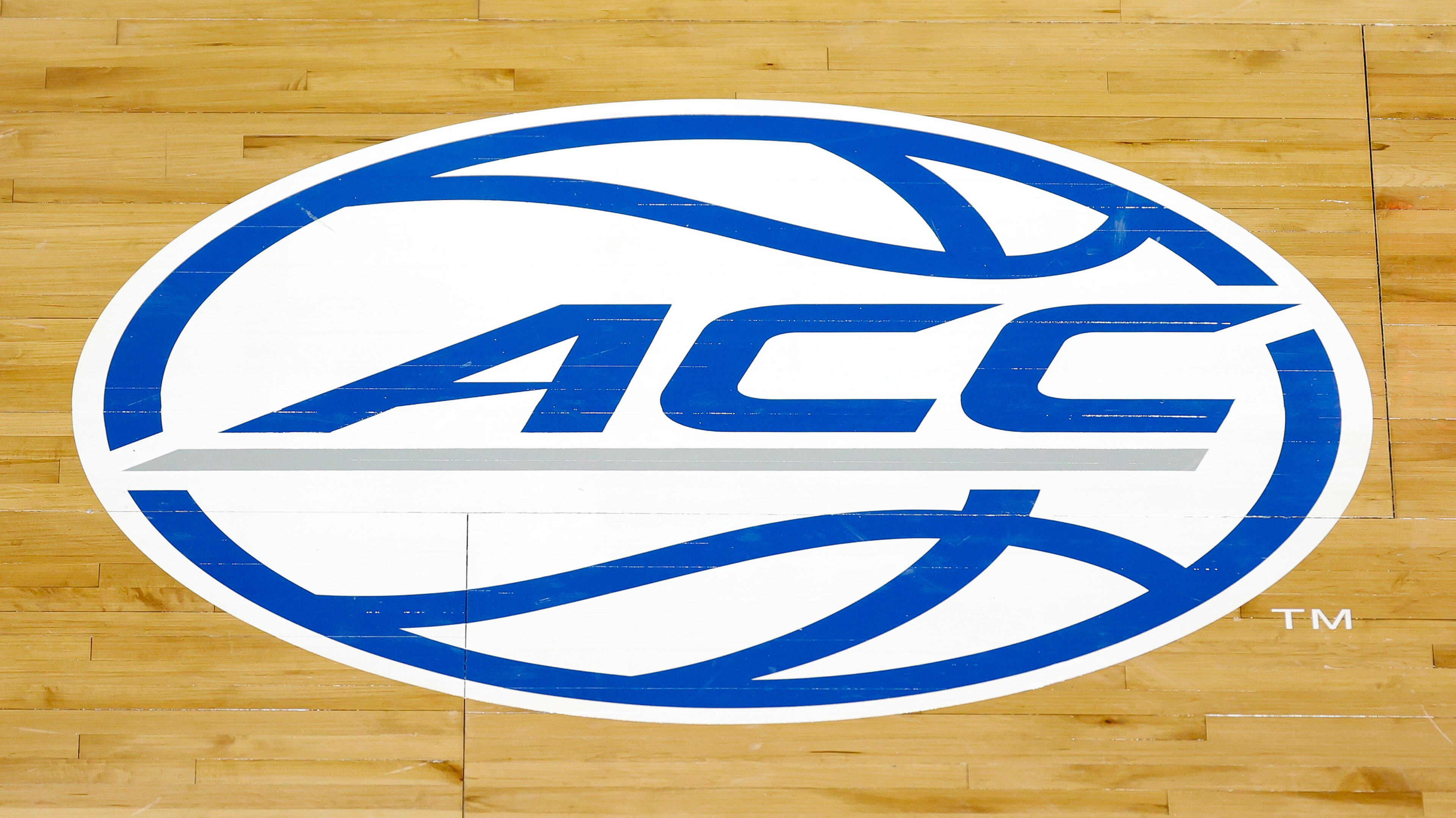 The ACC logo on the court during a quarterfinal game between Georgia Tech and Miami in the ACC Men's Basketball Tournament at Greensboro Coliseum on March 11, 2021, in Greensboro, North Carolina. (Jared C. Tilton/Getty Images/TNS)