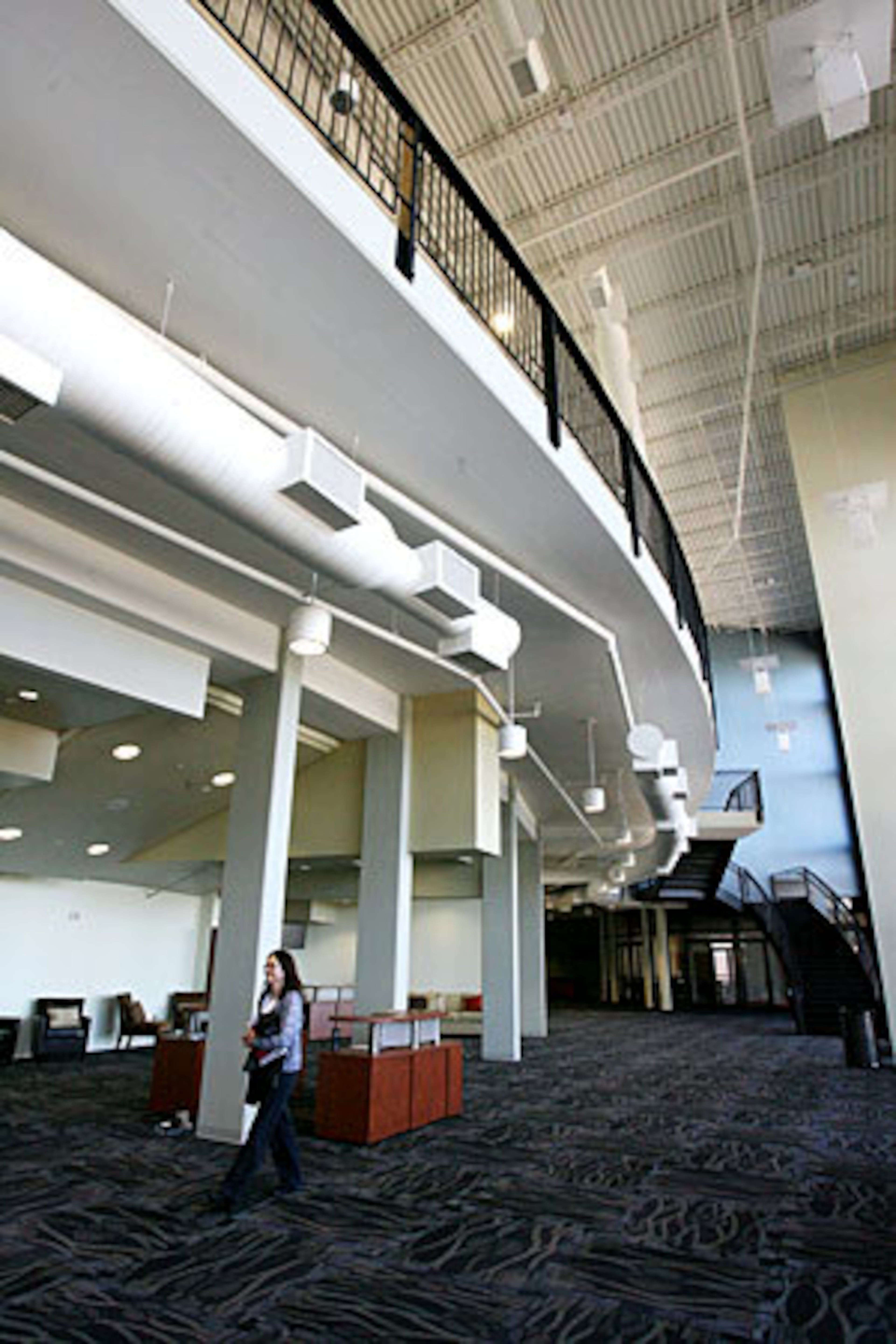 View of the soaring two-story lobby / entry area at the new 12 Stone Church.