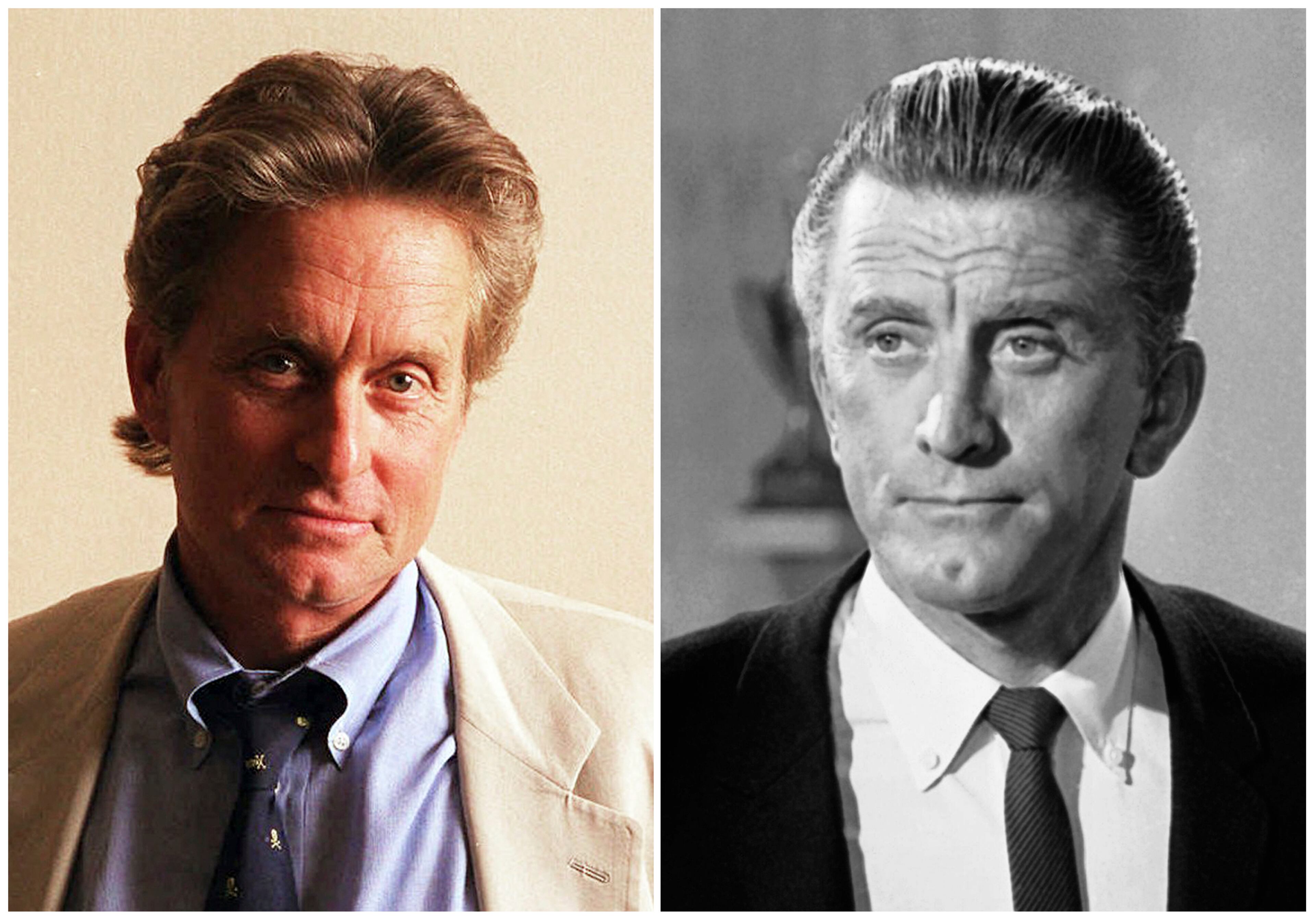 Michael Douglas appears at a photo session in New York on Sept. 3, 1997, left, and his father Kirk Douglas appears in New York on Aug. 9, 1962. (AP Photo/DAB)