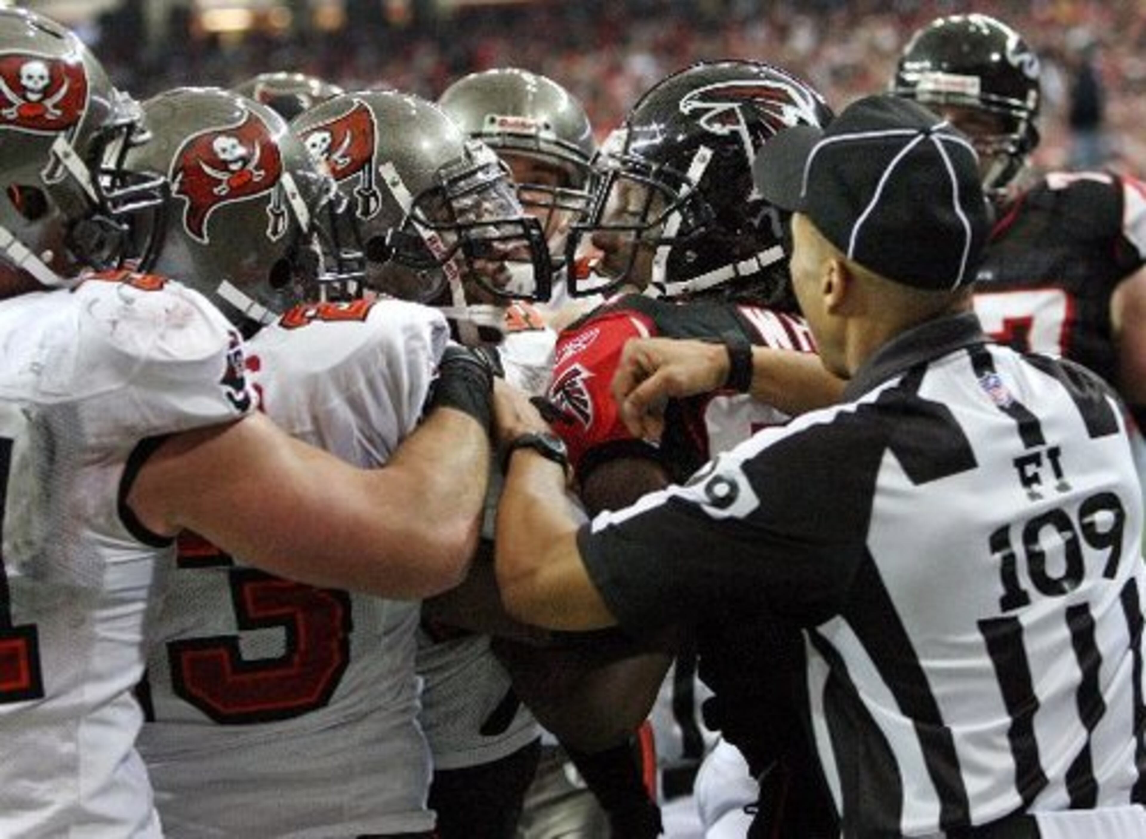 Tempers flared in the first half between Atlanta's Roddy White and Tampa Bay cornerback Aqib Talib after Talib intercepted a pass intended for White in the second quarter. Three turnovers inside Tampa Bay territory frustrated the Falcons' offense.