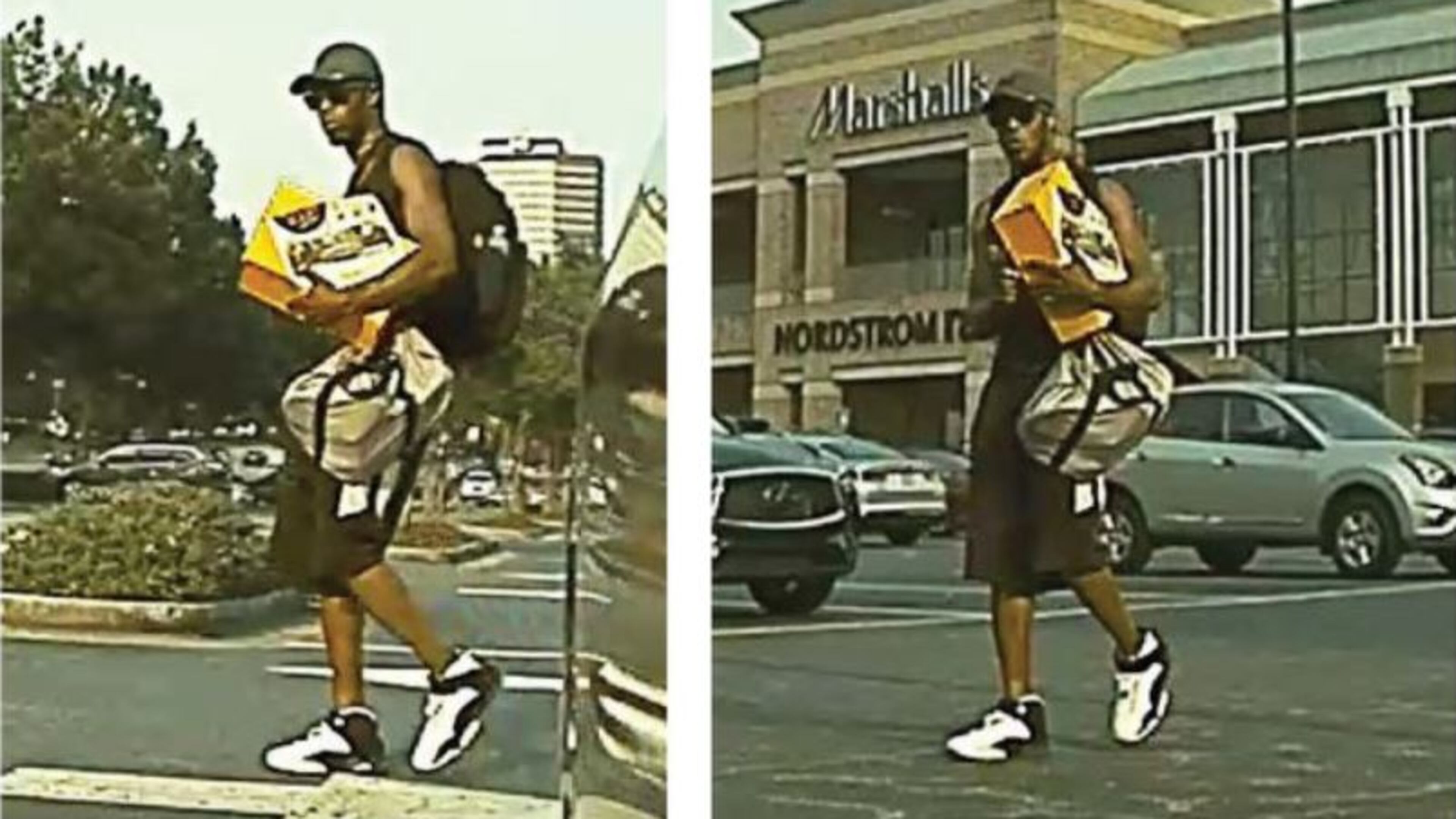 The man was seen on surveillance footage walking through the parking lot.