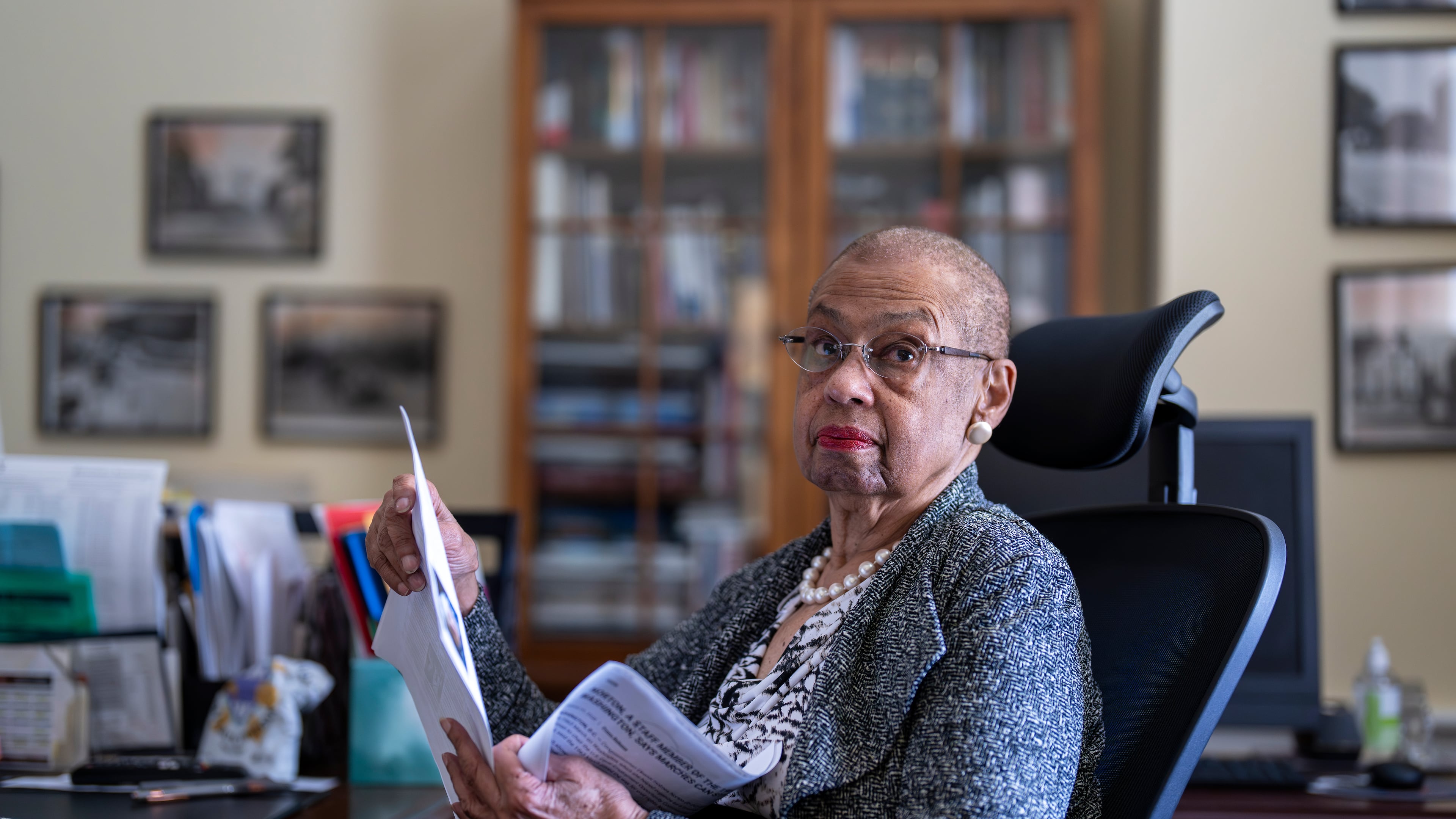 FILE - Del. Eleanor Holmes Norton, D-D.C., reflects on her time as a young civil rights activist during the 1963 March on Washington, during an Associated Press interview in her office on Capitol Hill in Washington, Aug. 9, 2023. (AP Photo/J. Scott Applewhite, File)