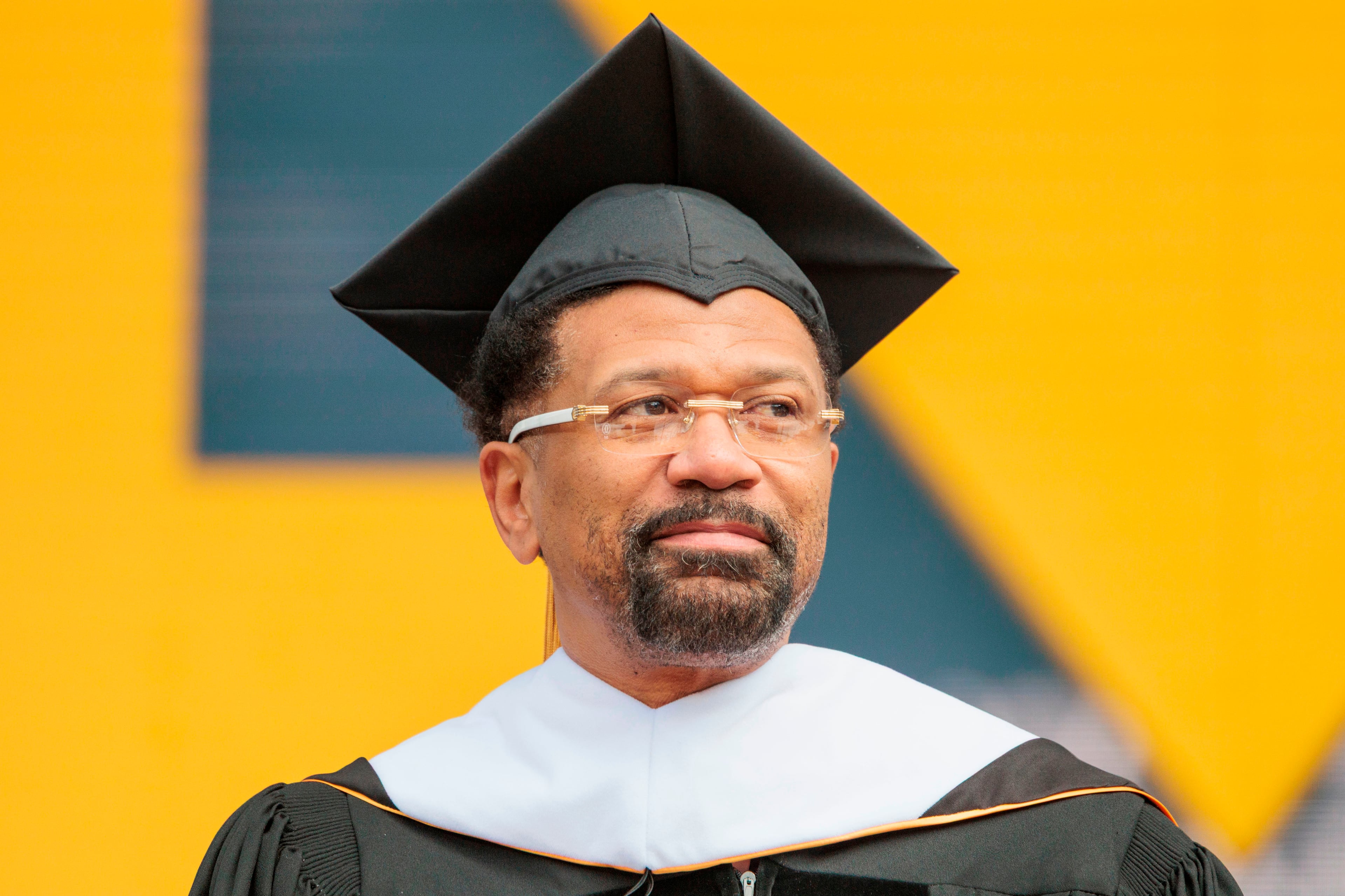 Jalen Rose speaks during the University of Michigan's 2026 Spring Commencement at Michigan Stadium in Ann Arbor on Saturday, May 2 2026. (Jacob Hamilton/Ann Arbor News via AP)