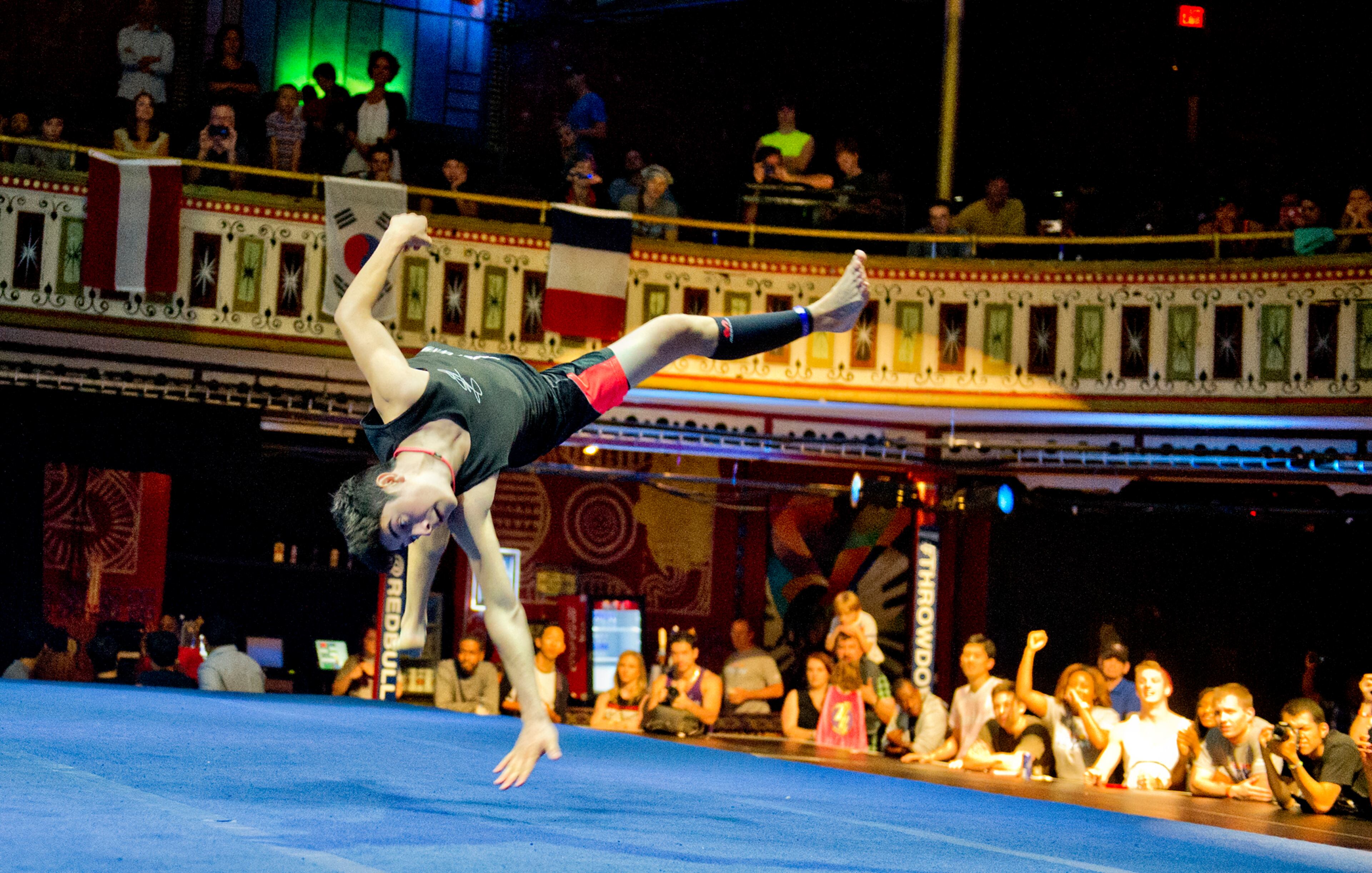 Jacob Pinto flips as he competes in the Red Bull Throwdown Atlanta at the Tabernacle in Atlanta on Sunday. Sixteen of the top international trickers competed. Tricking combines martial arts, tumbling and break dancing, kicking and flipping. JONATHAN PHILLIPS / SPECIAL
