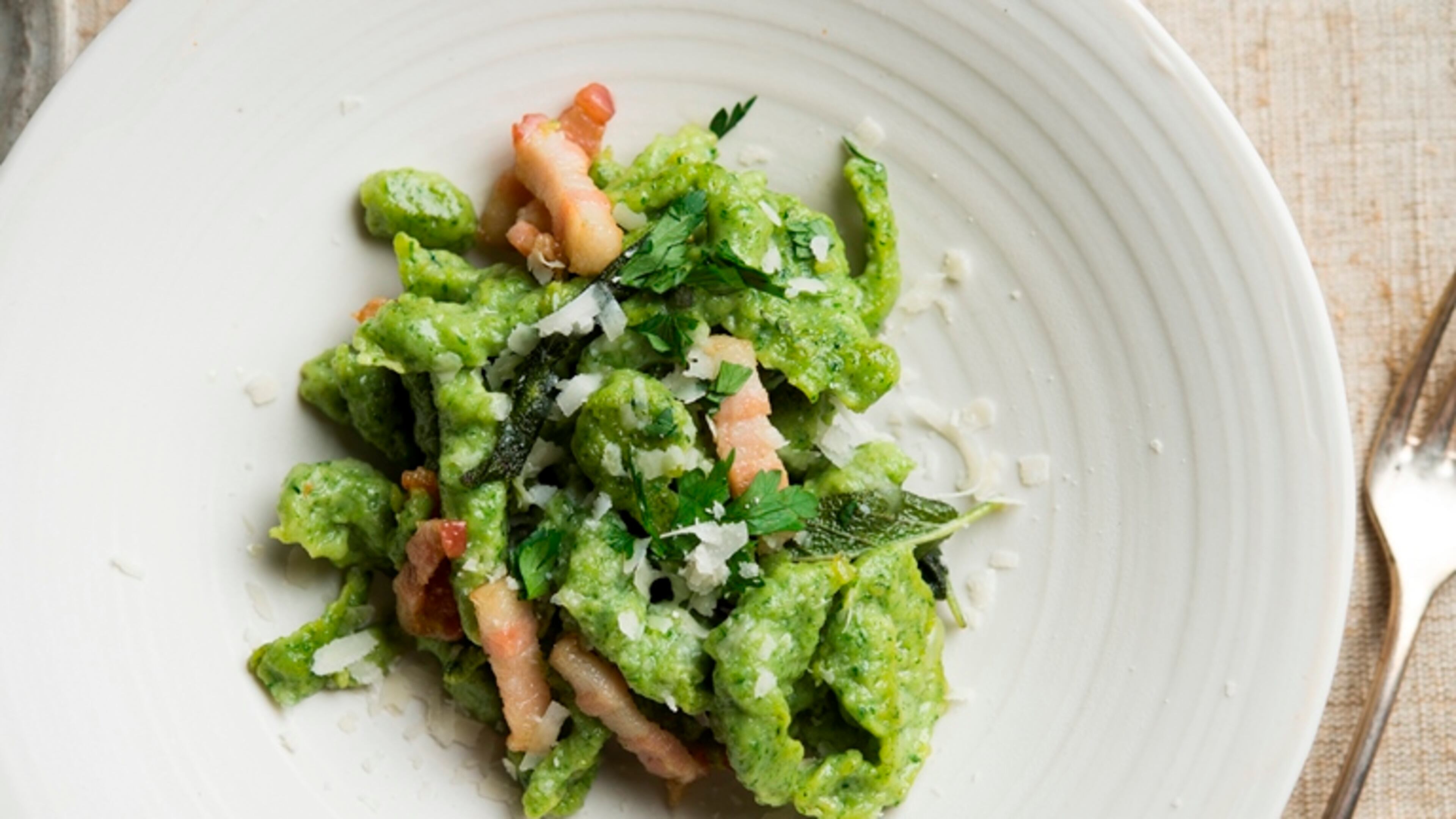 Spinach spaetzle with bacon and sage, in New York, Oct. 12, 2015. Spaetzle (sometimes called batter noodles) are actually fairly easy to make at home, though it takes a bit of practice.