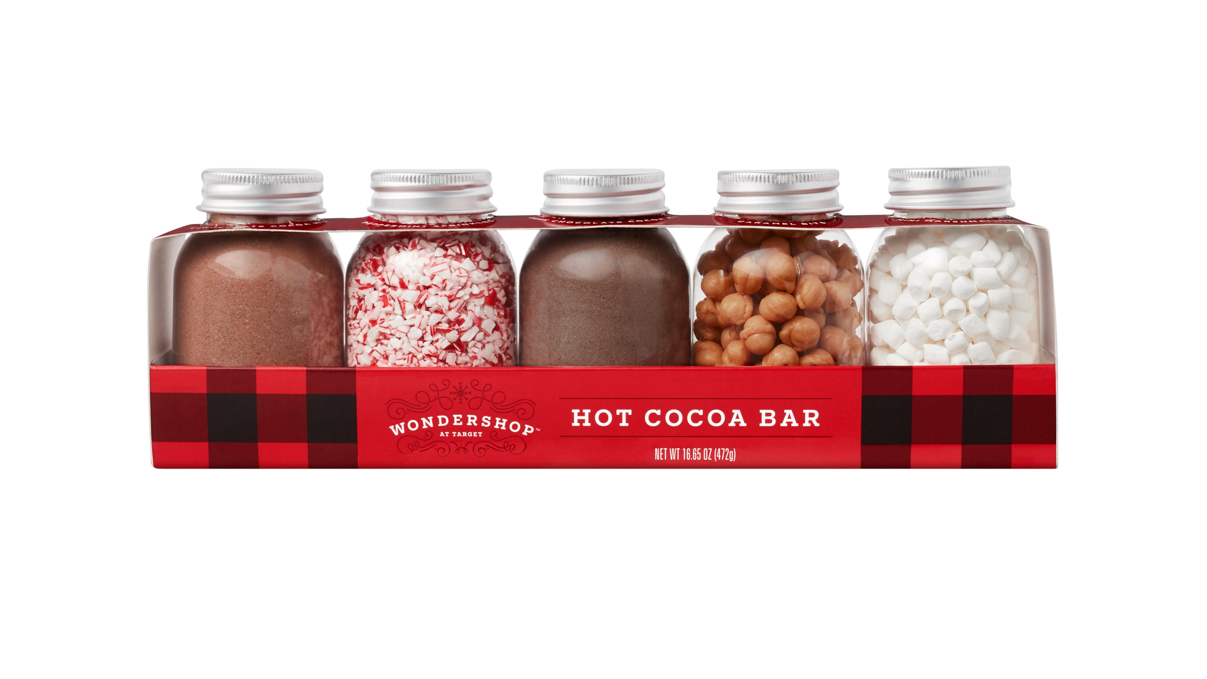The hot cocoa bar from Target features hot chocolate plus mix-ins like whipped cream and candy cane pieces all packaged in petite jars. Courtesy of Target