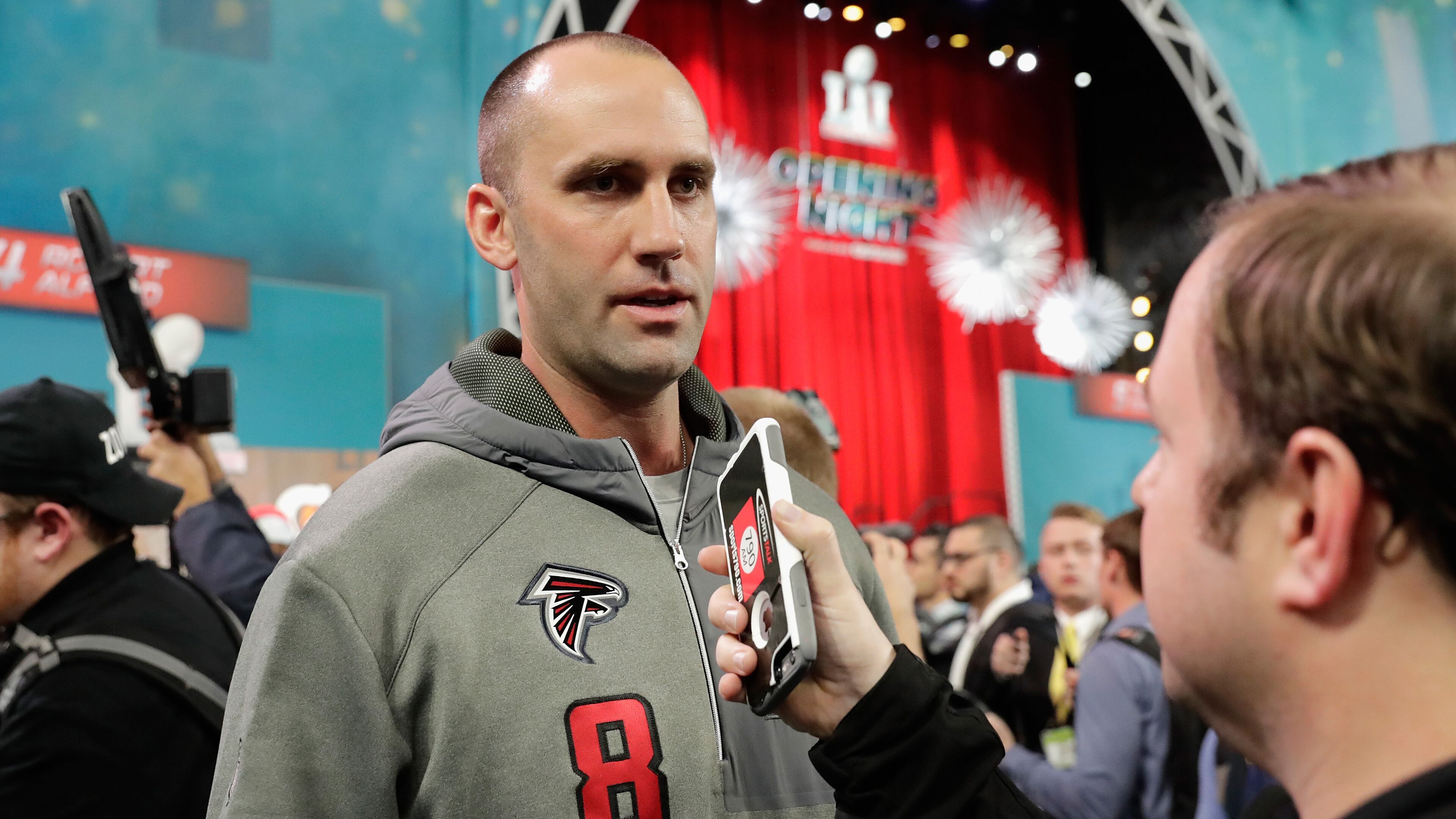 HOUSTON, TX - JANUARY 30: Matt Schaub #8 of the Atlanta Falcons speaks with the media during Super Bowl 51 Opening Night at Minute Maid Park on January 30, 2017 in Houston, Texas. (Photo by Tim Warner/Getty Images)