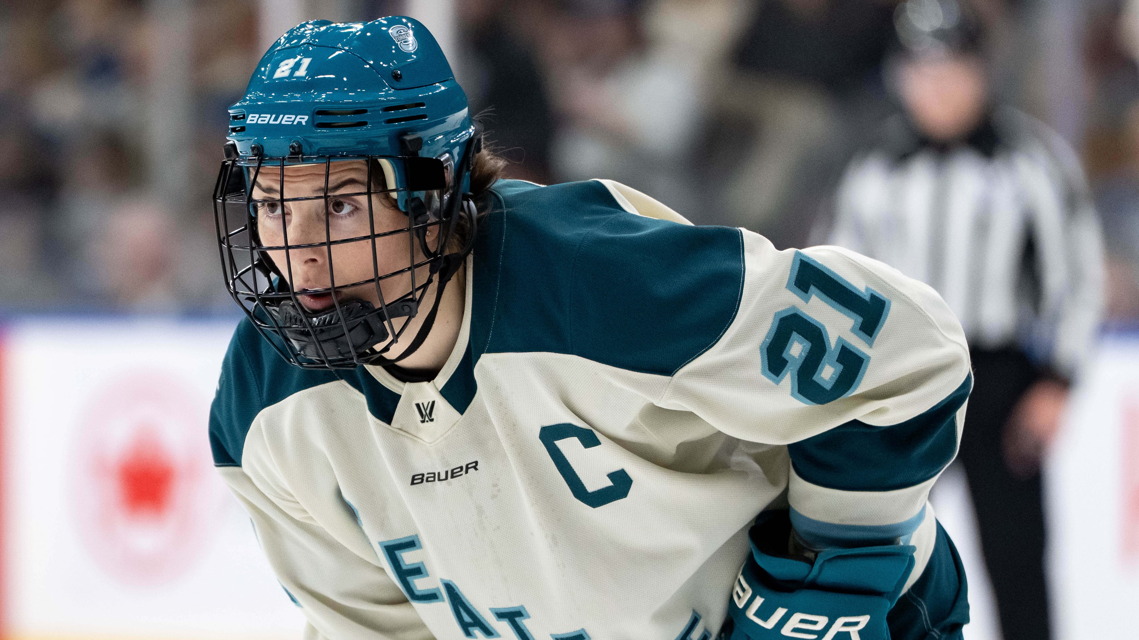 FILE - Seattle Torrent's Hilary Knight (21) waits for a face off against the Vancouver Goldeneyes during the second period of a PWHL hockey game in Vancouver, on Tuesday, April 14, 2026. (Ethan Cairns/The Canadian Press via AP,File)