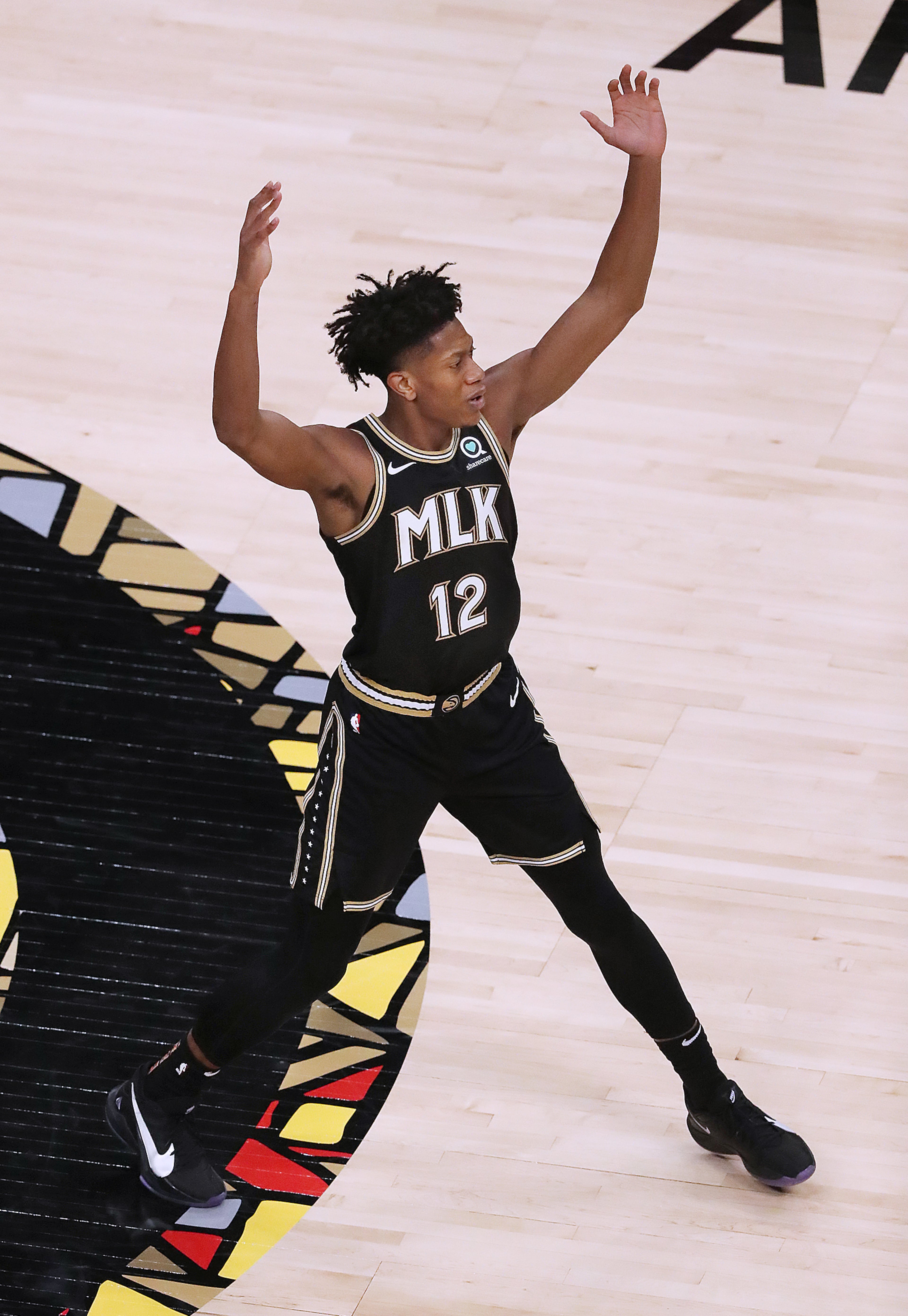 Hawks forward De’Andre Hunter reacts to his shot against the Los Angeles Clippers during a 108-99 victory in an NBA basketball game on Tuesday, Jan. 26, 2021, in Atlanta. Curtis Compton / Curtis.Compton@ajc.com”