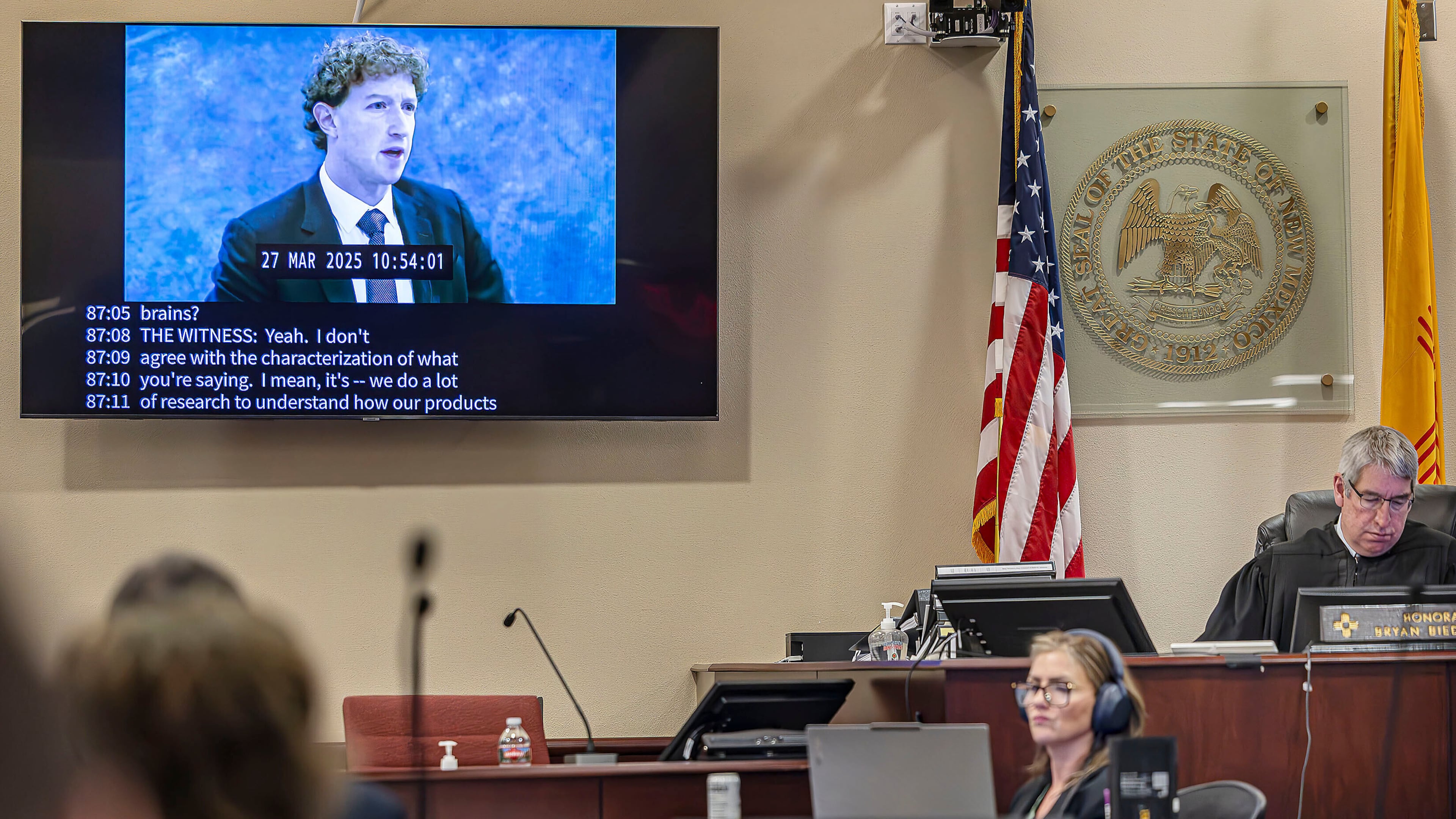 FILE - A recording of Meta Founder and CEO Mark Zuckerberg's deposition is played for the jurors on March 4, 2026, in Santa Fe, N.M. (Jim Weber/Santa Fe New Mexican via AP, Pool, File)