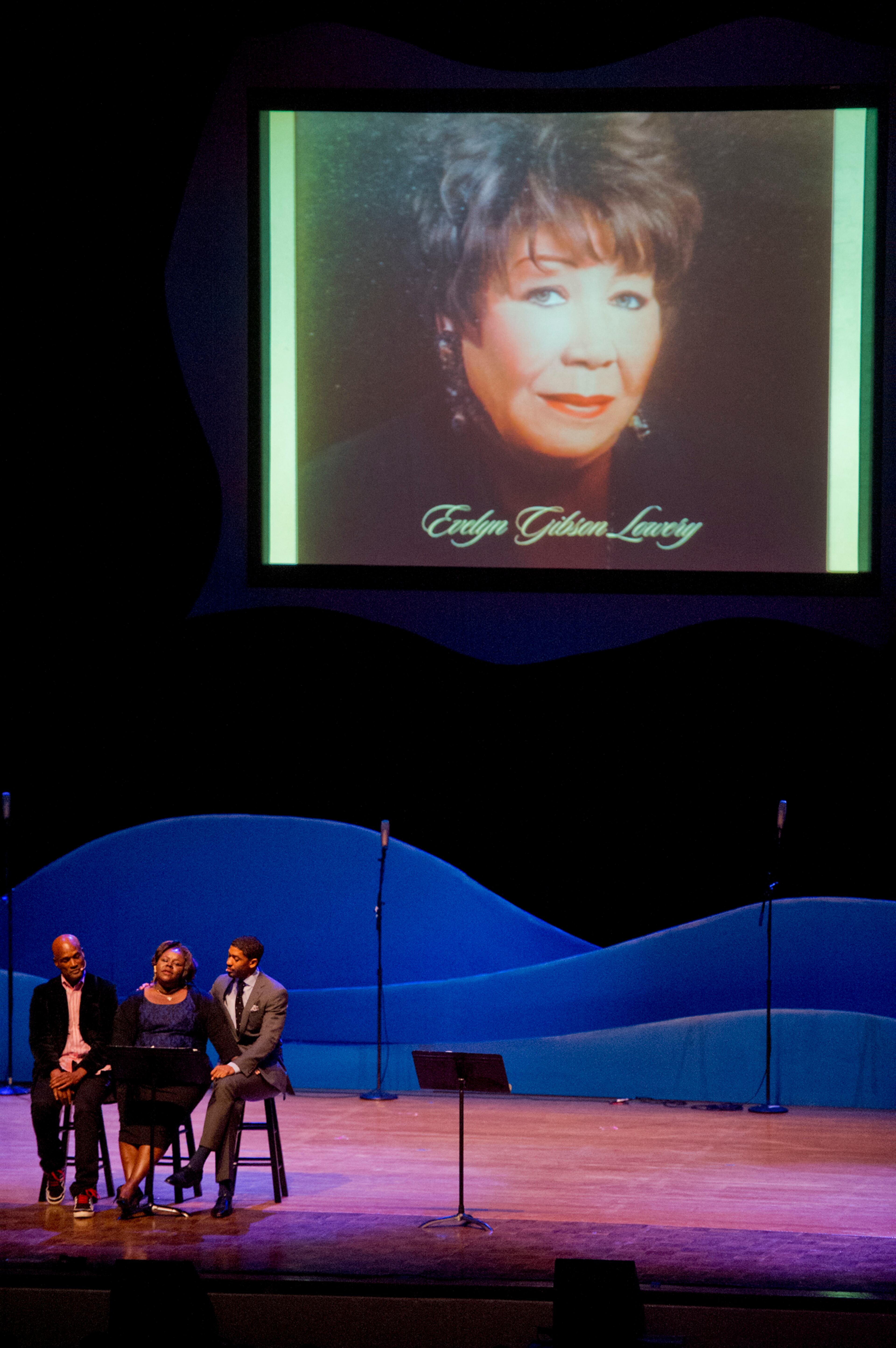 Kenny Leon (left), Cassi Davis and Derek Watkins give tribute to Evelyn G. Lowery during I've Known Rivers: A Legendary Life, a tribute to Joseph E. Lowery's 92nd birthday celebration at Morehouse College in Atlanta on Sunday, October 6, 2013. The celebration included appearances by Chris Tucker Malcolm Jamal Warner, Jamie Foxx, Tyler Perry and others. JONATHAN PHILLIPS / SPECIAL