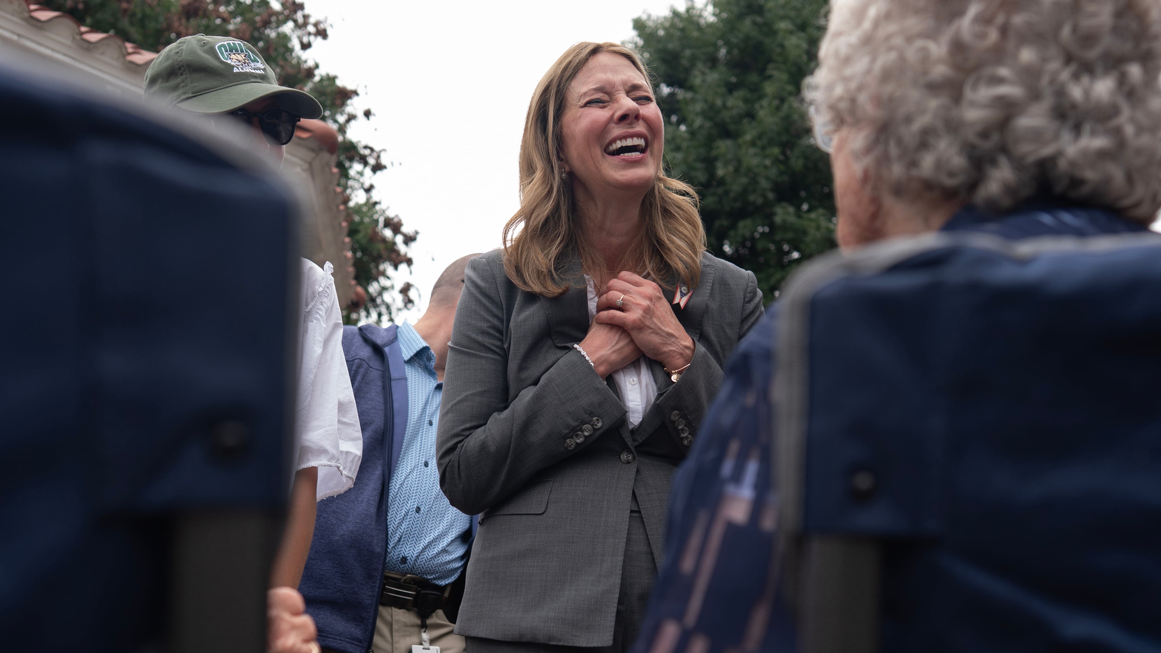 Democratic gubernatorial candidate Dr. Amy Acton visits with supporters during a campaign event along the Ohio River, in Marietta, Ohio, Thursday, Sept. 17, 2026. (AP Photo/Carolyn Kaster)
