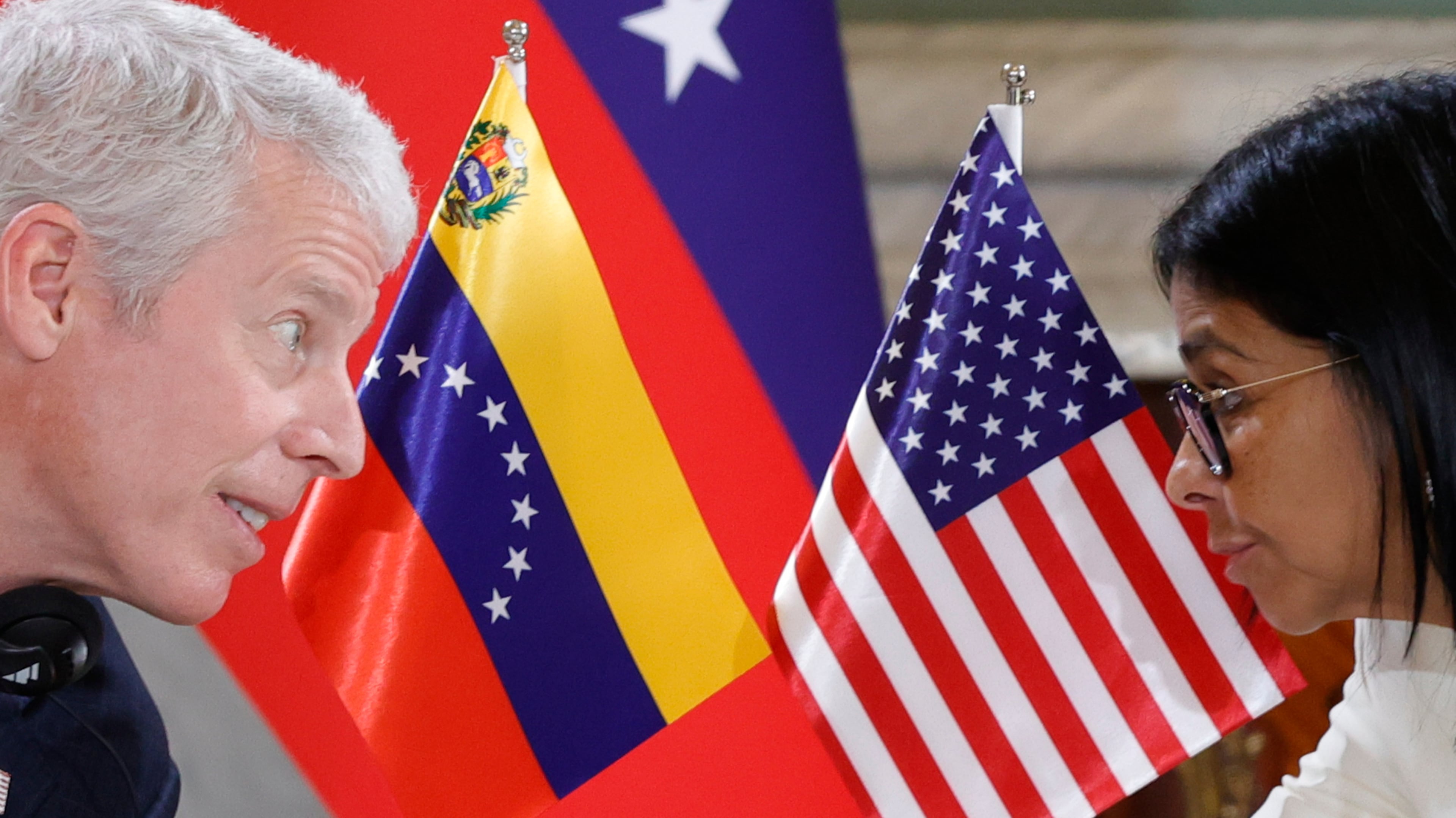 U.S. Energy Secretary Chris Wright, left, meets with Venezuelan acting President Delcy Rodriguez at Miraflores presidential palace in Caracas, Venezuela, Wednesday, Sept. 2, 2026. (AP Photo/Pedro Mattey)