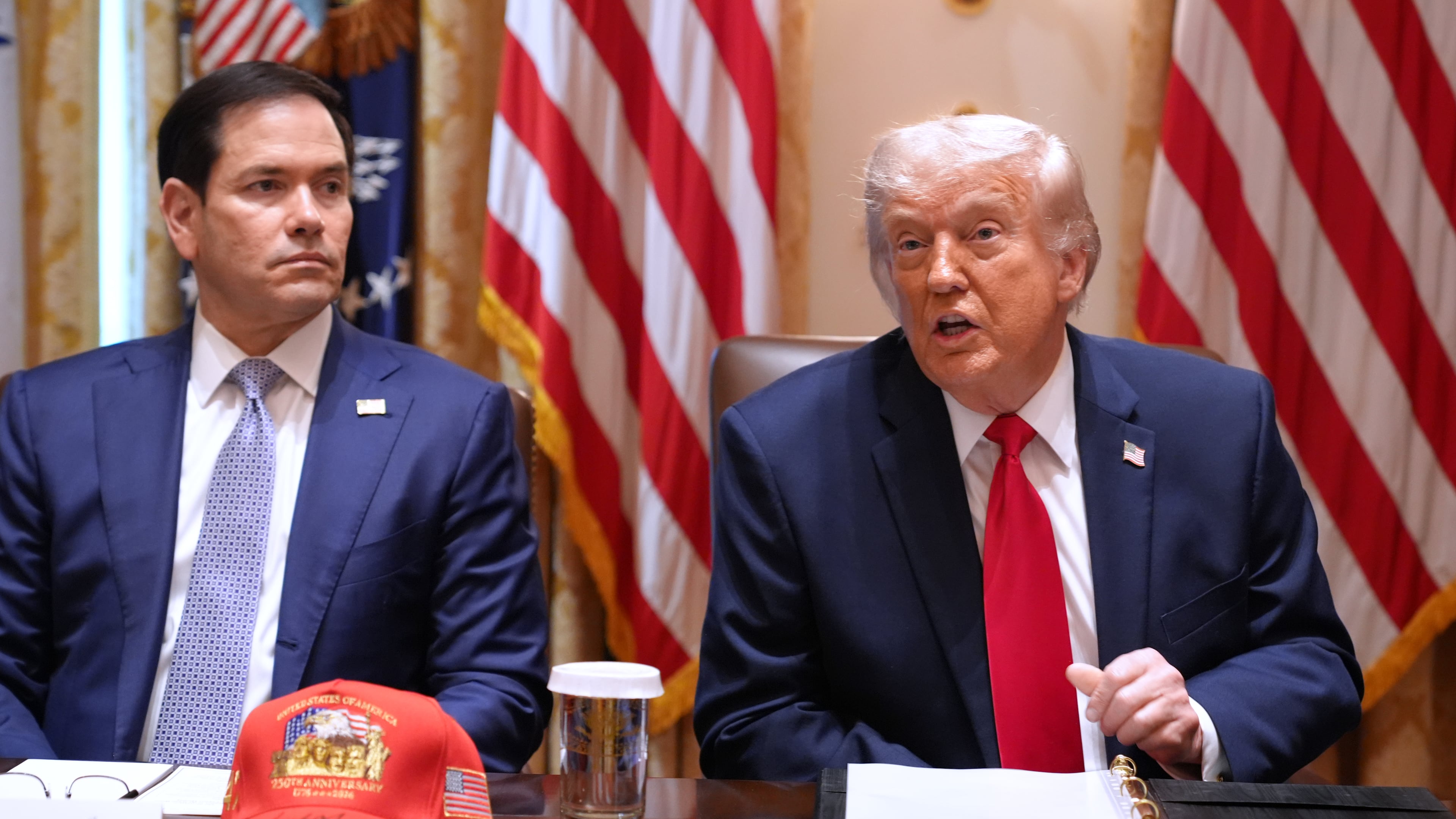 President Donald Trump, next to Secretary of State Marco Rubio, speaks during a Cabinet meeting at the White House, Wednesday, May 27, 2026, in Washington. (AP Photo/Jacquelyn Martin)
