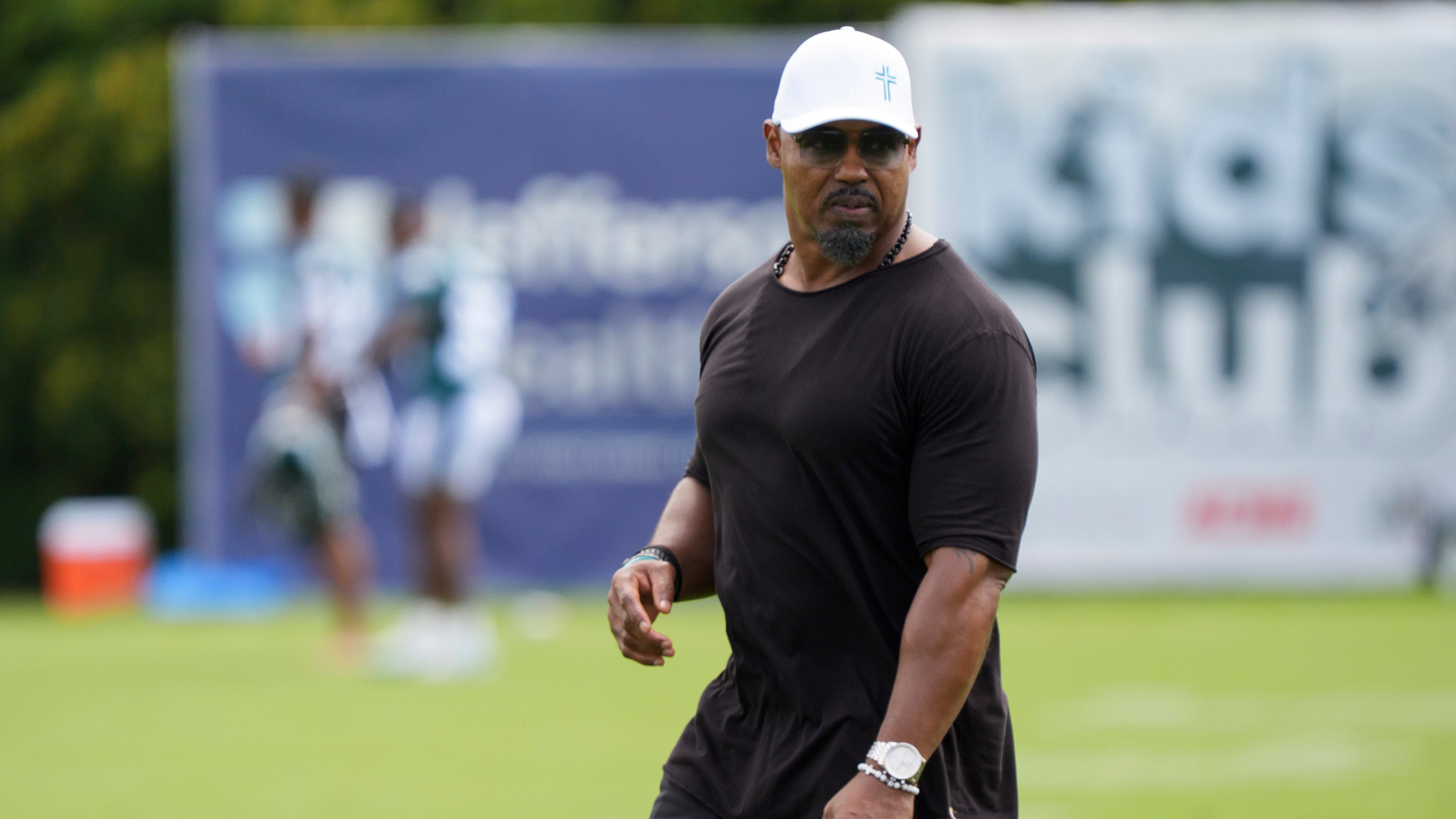 FILE - Former Philadelphia Eagles' Brian Dawkins looks on during practice at NFL football training camp at the team's training facility in Philadelphia, July 30, 2026. (AP Photo/Chris Szagola, File)