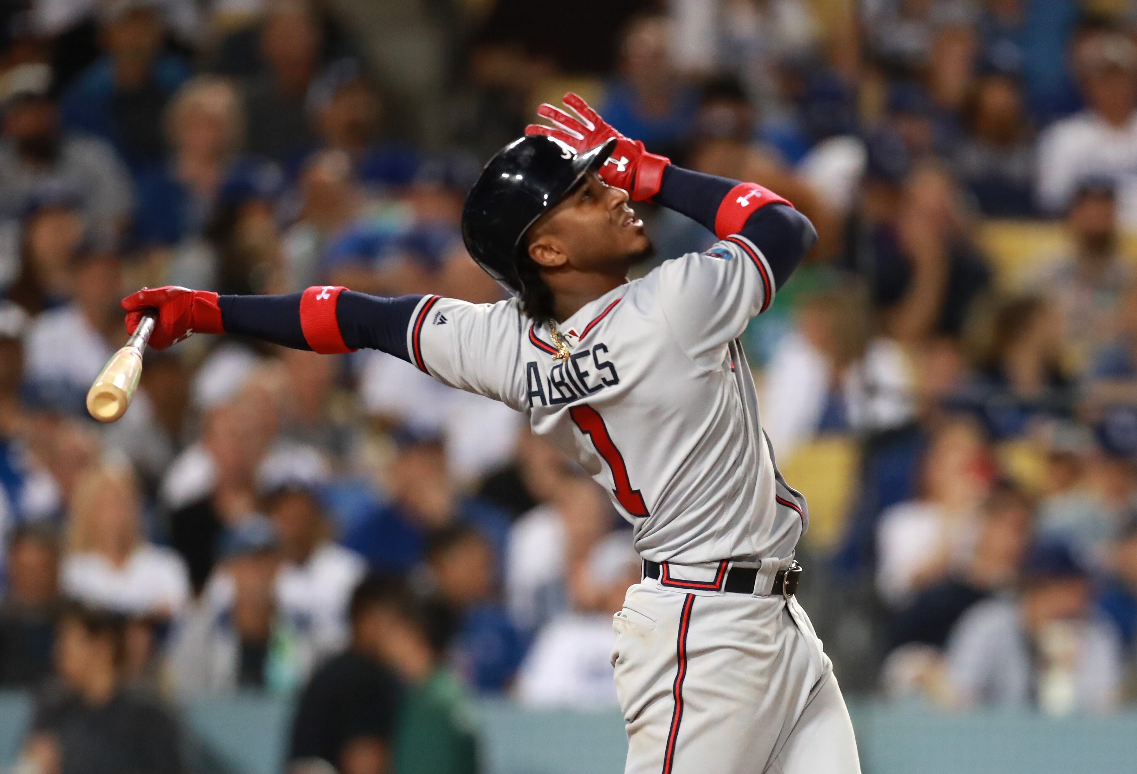 October 5, 2018 - Los Angeles: Atlanta Braves second baseman Ozzie Albies pops up in the second inning against the Los Angeles Dodgers in Game 2 of a National League Division Series baseball game Friday, October 5, 2018, in Los Angeles. The Dodgers won 3-0. Curtis Compton/ccompton@ajc.com