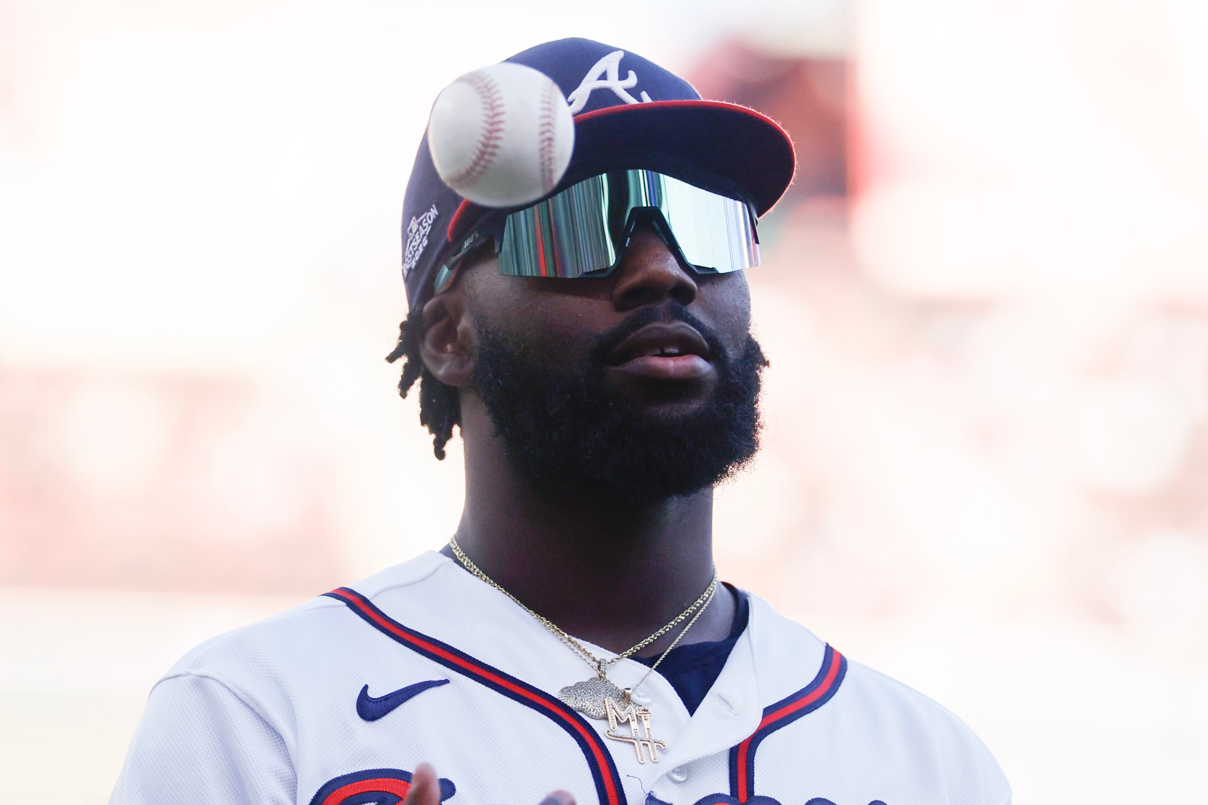 Atlanta Braves center fielder Michael Harris II (23) tosses a ball before the first pitch of Game 4 of the MLB National League Division Series between the Atlanta Braves and the Los Angeles Dodgers, Wednesday, Oct. 7, 2026, in Atlanta. (Miguel Martinez/AJC)