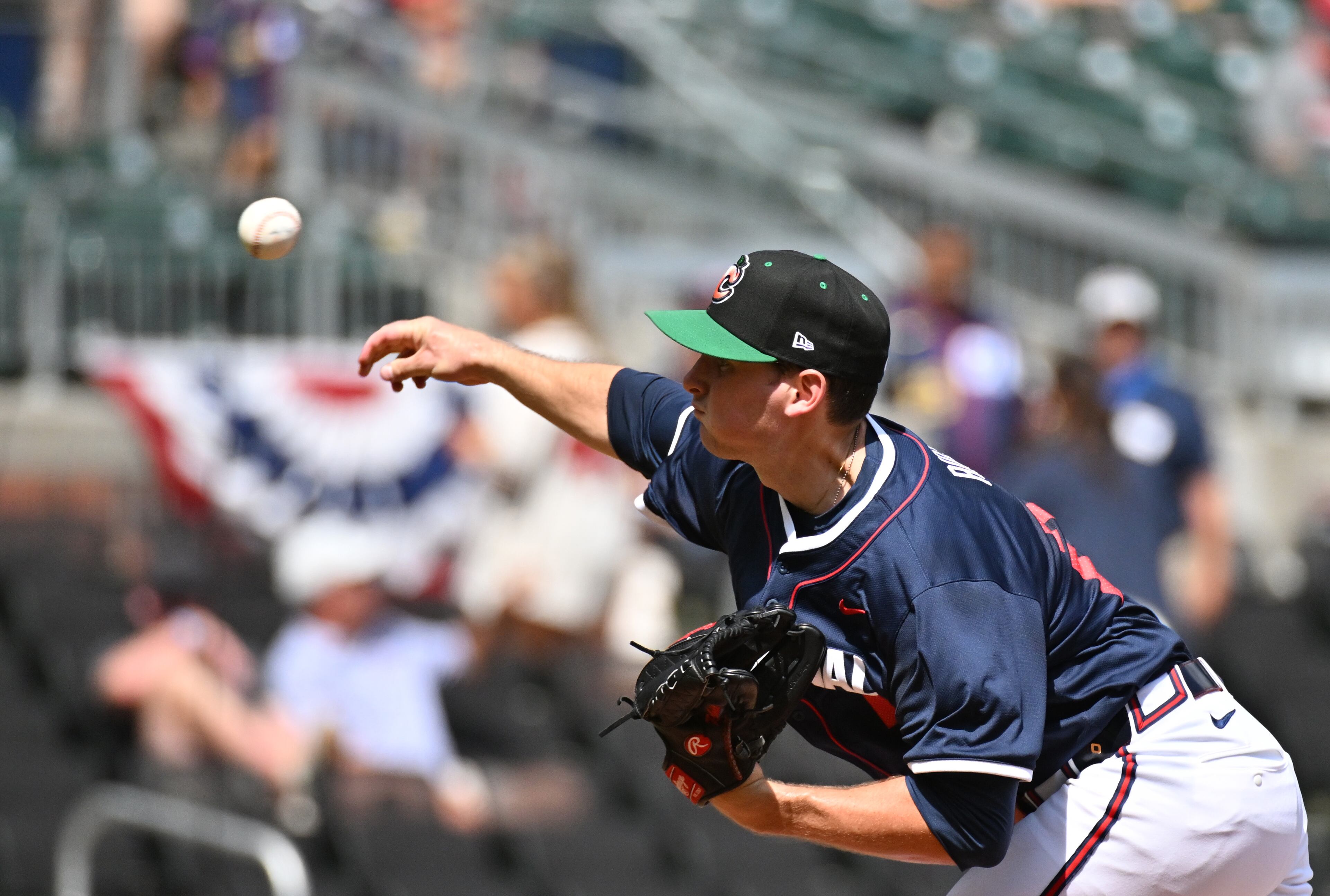 National League pitcher JR Ritchie (24) throws a pitch during the first inning of the All-Star Futures Game at Truist Park, Saturday, July 12, 2025, in Atlanta. National League won 4-2 over American League. (Hyosub Shin / AJC)