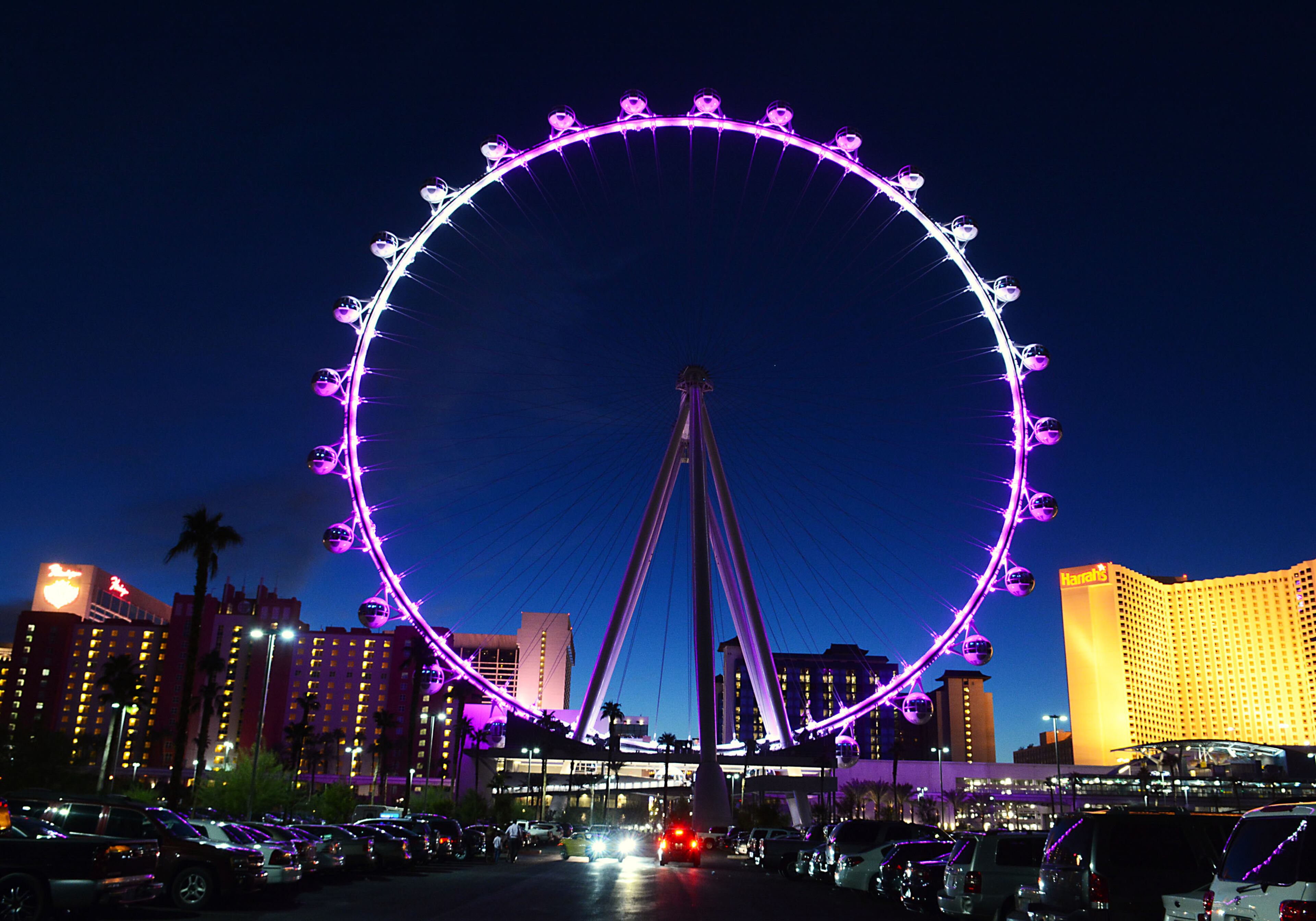 In this photo provided by the Las Vegas News Bureau, the world's tallest observation wheel, the High Roller, is seen lighted in pink in honor of Breast Cancer Awareness Month at The LINQ Promenade in Las Vegas. Flamingo Las Vegas headliner Olivia Newton-John and the Chippendales ceremoniously lit the wheel. (AP Photo/Las Vegas News Bureau, Steve Spatafore)