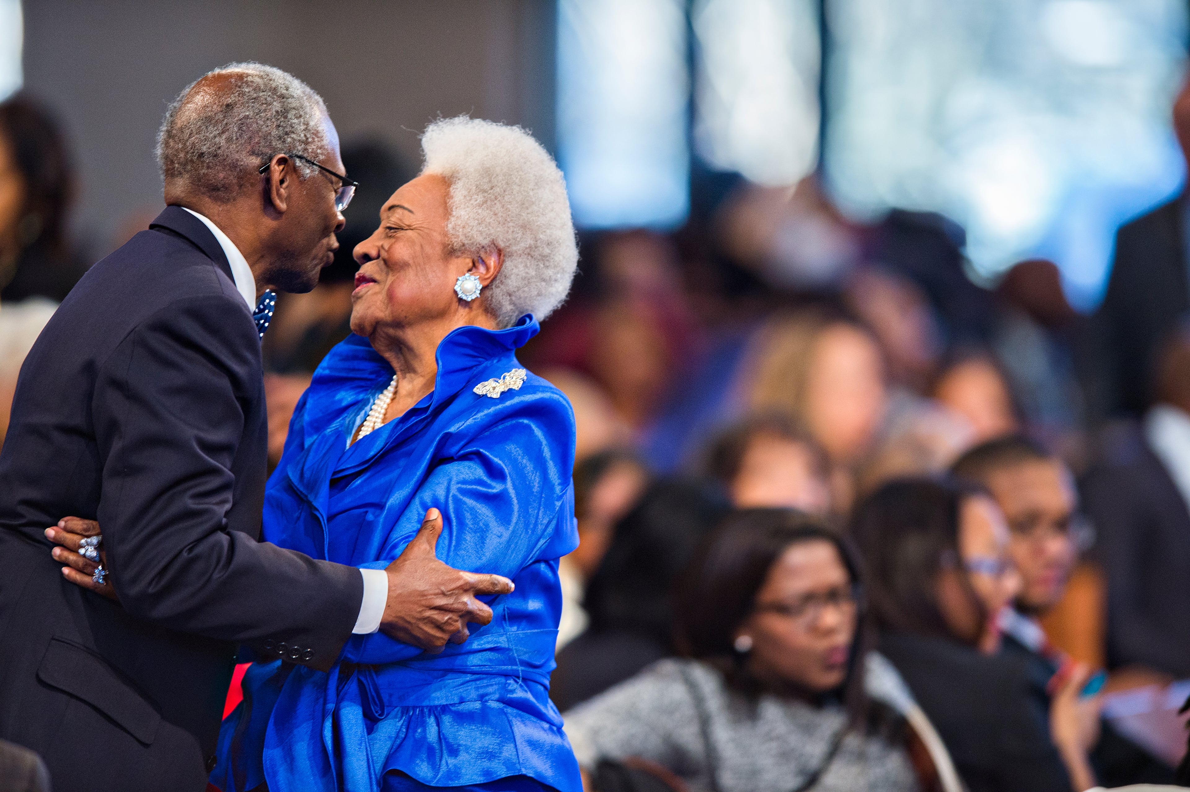 Naomi King (right) hugs Lawrence Carter before the 48th Martin Luther King Jr. Annual Commemorative Service at Ebenezer Baptist Church in Atlanta on Monday, January 18, 2016. JONATHAN PHILLIPS / SPECIAL