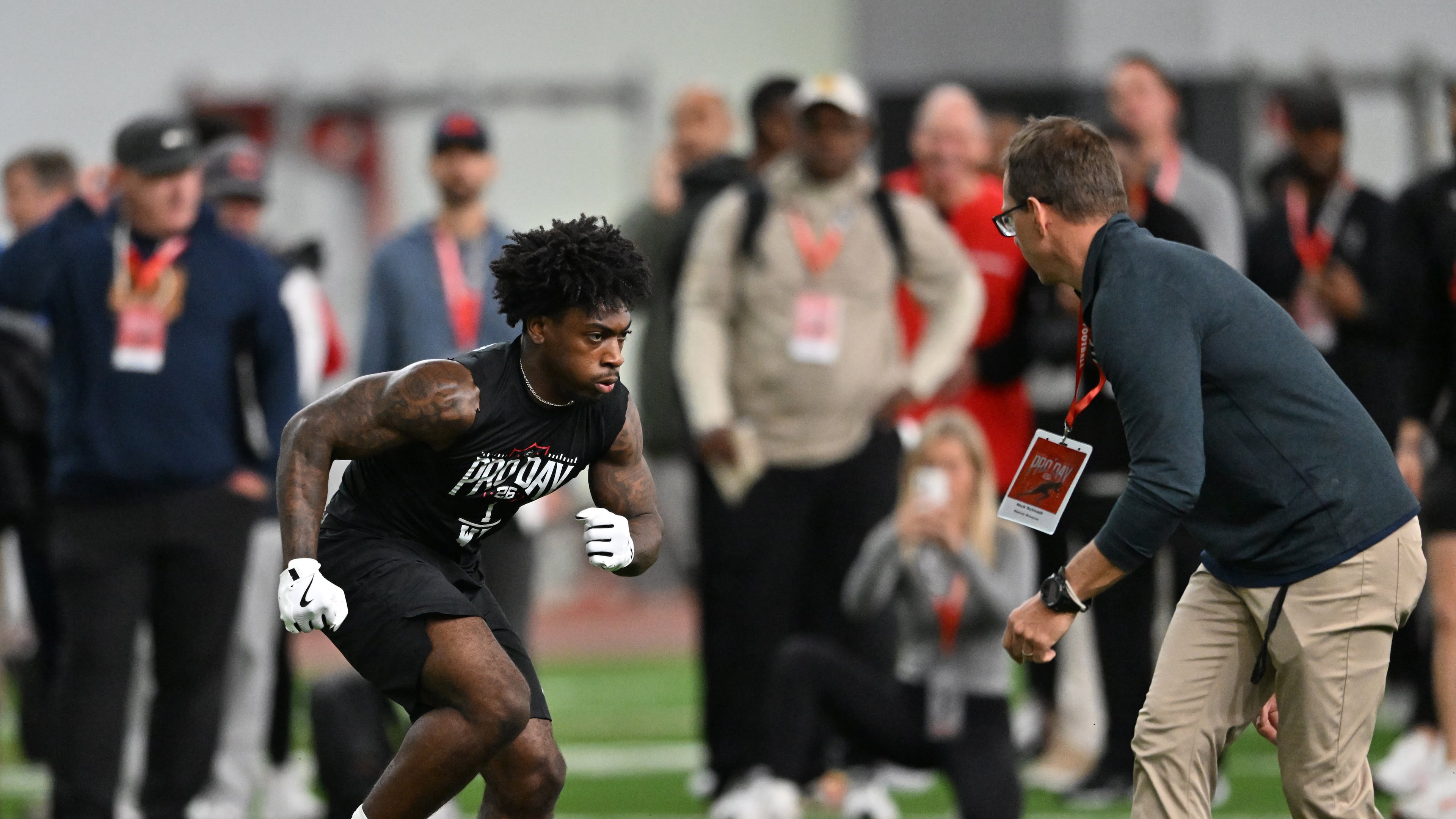 Georgia wide receiver Zachariah Branch runs a drill during Georgia's NFL Pro Day at Payne Indoor Athletic Facility, Wednesday, March 18, 2026, in Athens. (Hyosub Shin/AJC)