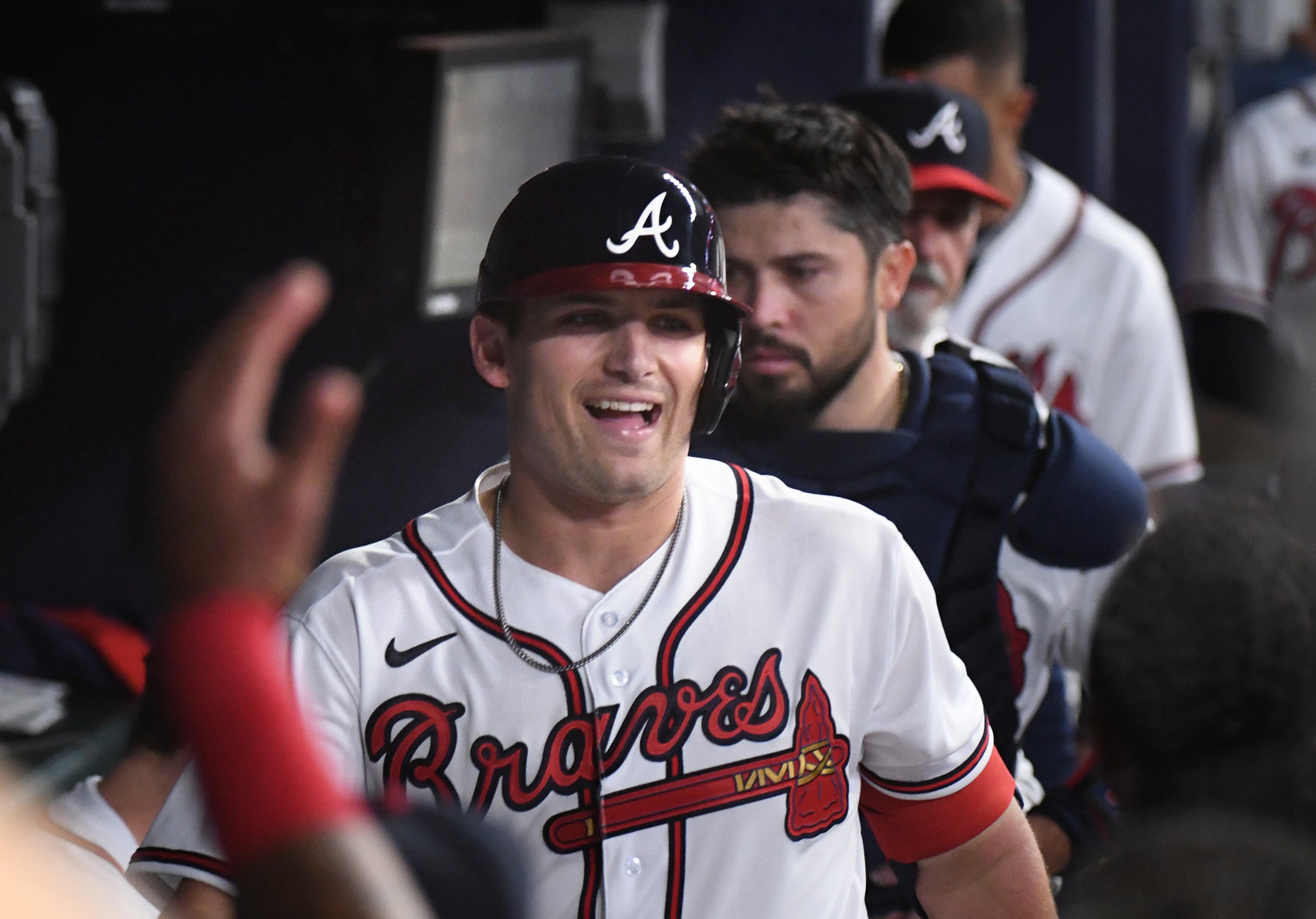 April 23, 2022 Atlanta - Atlanta Braves' third baseman Austin Riley (27) reacts after hitting a solo homer in the 5th inning at Truist Park on Saturday, April 23, 2022. (Hyosub Shin / Hyosub.Shin@ajc.com)
