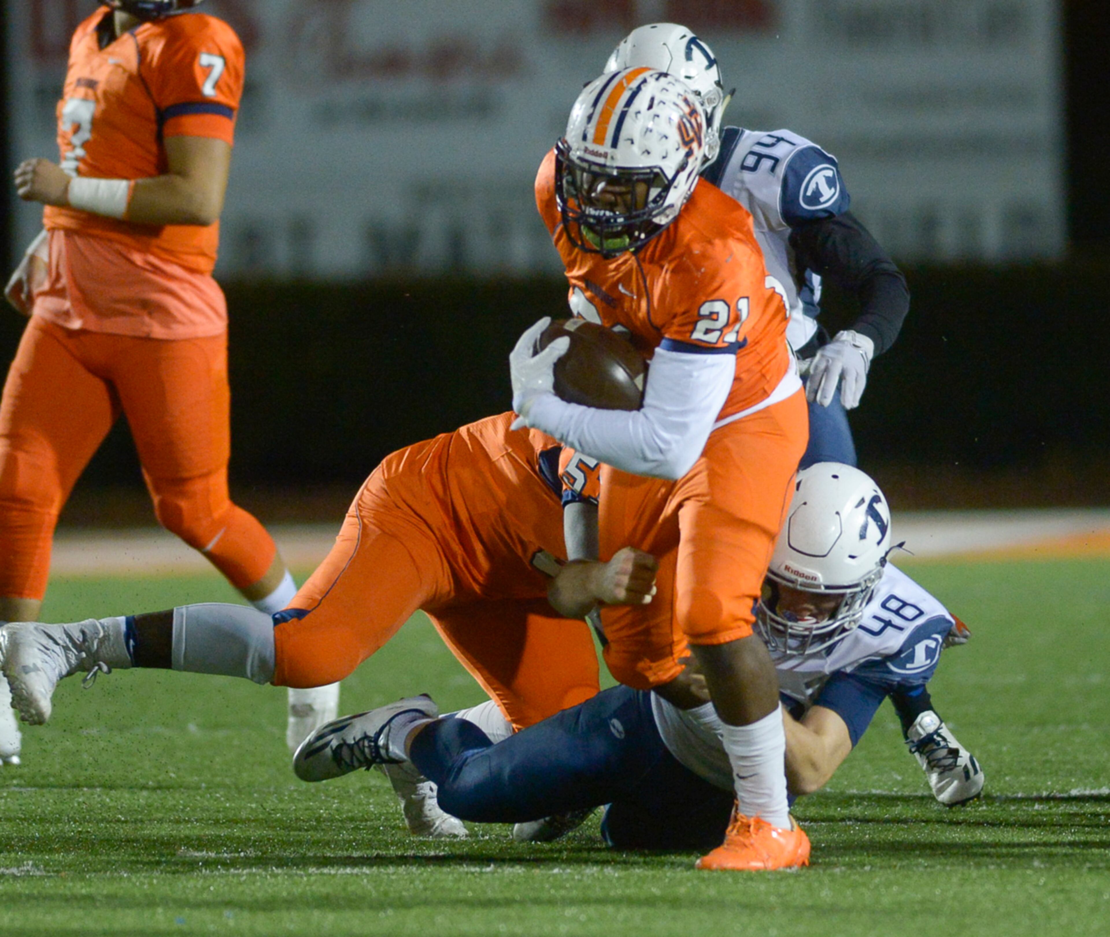 Kennesaw, Ga. -- North Cobb senior RB CJ Cole (21) gains yardage in the first half of his game against Tift County in the first round of playoff football games Friday November 11, 2016. SPECIAL/Daniel Varnado