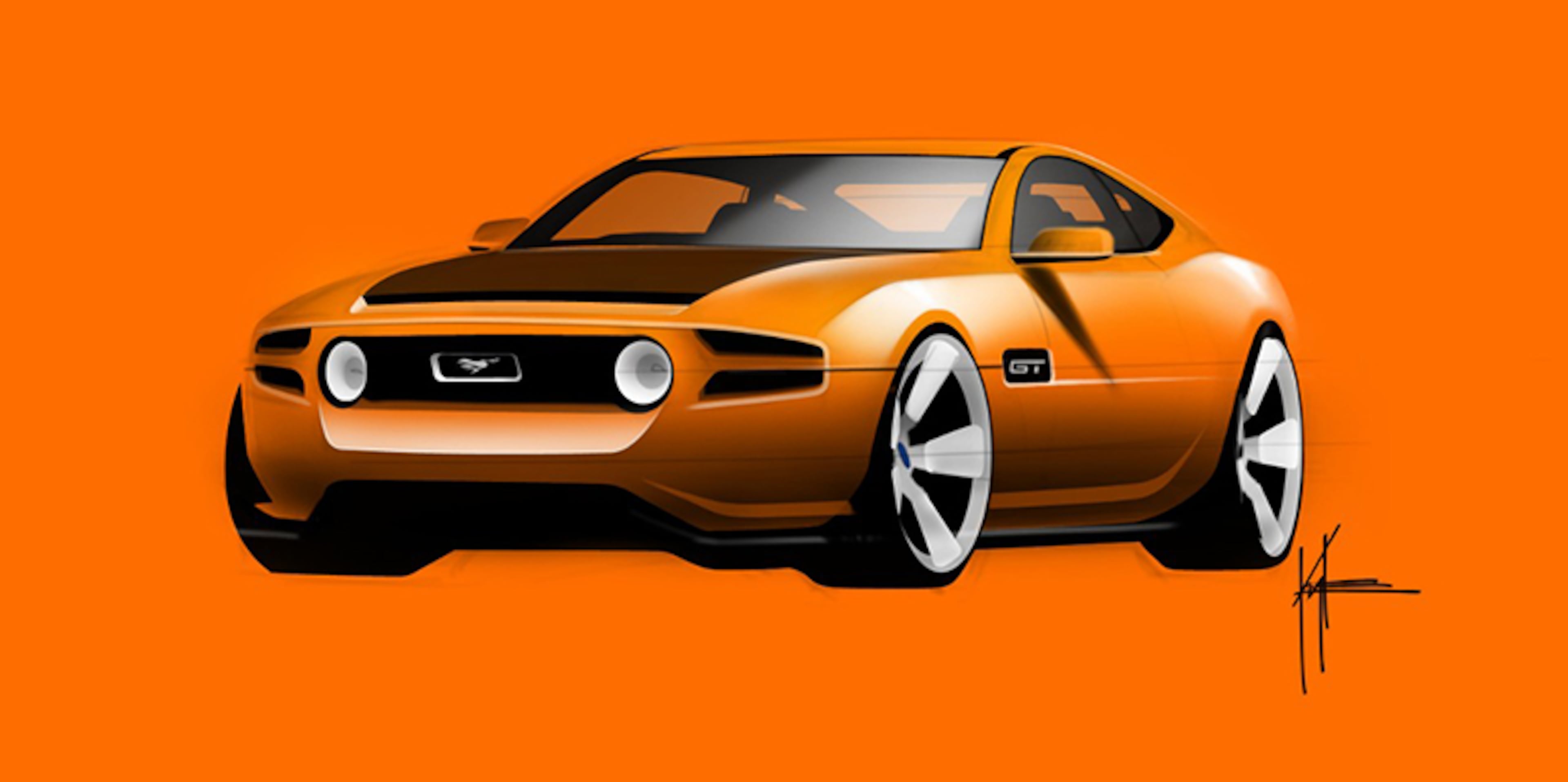 This theme incorporates a front-end look reminiscent of the 1970 Boss 302 with the headlights moved inboard flanked by the twin horizontal slats.