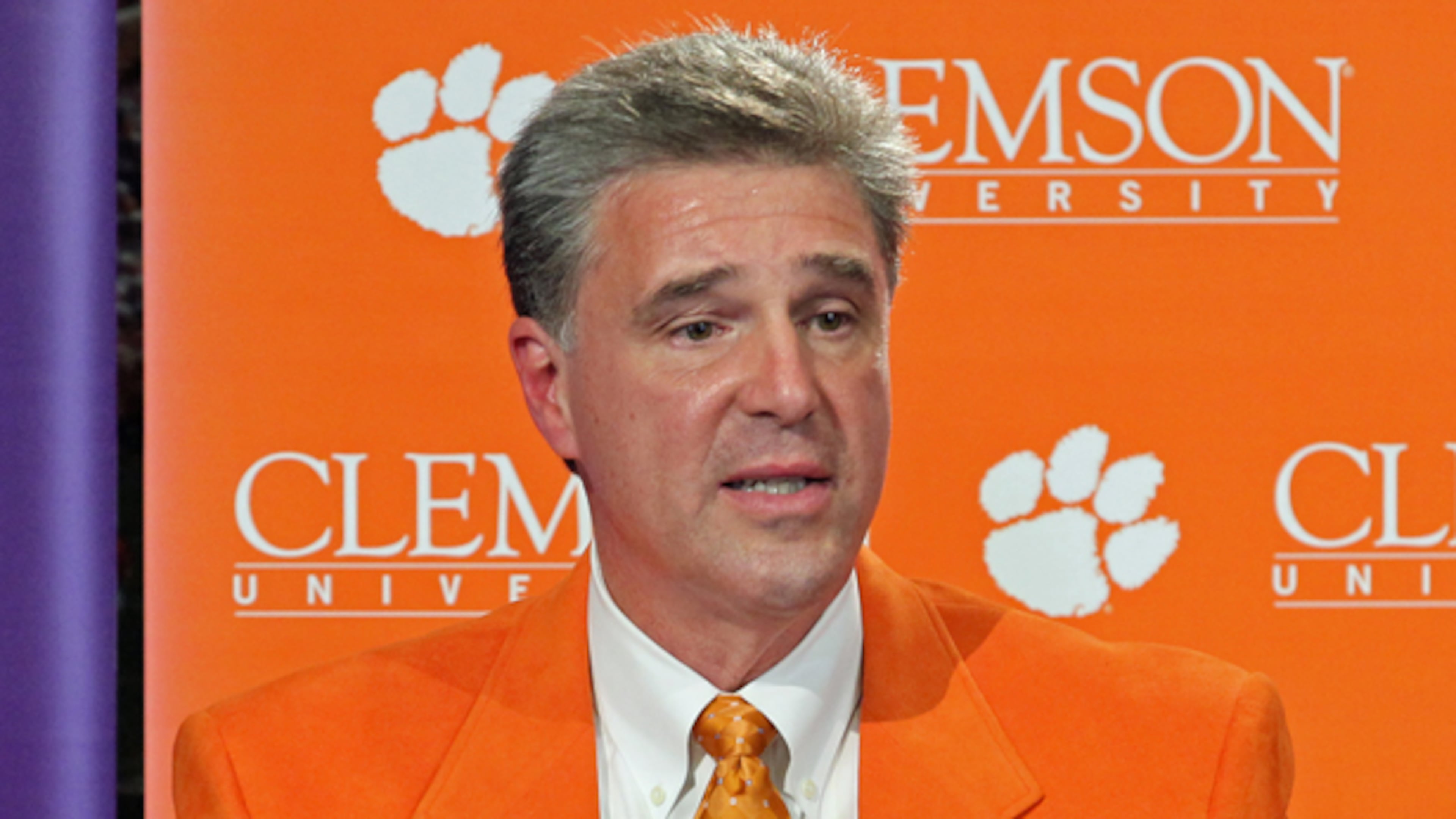 Former Georgia Tech athletic director Dan Radakovich answers a question after being introduced as Clemson's new athletic director at a press conference on Monday in Clemson, S.C.