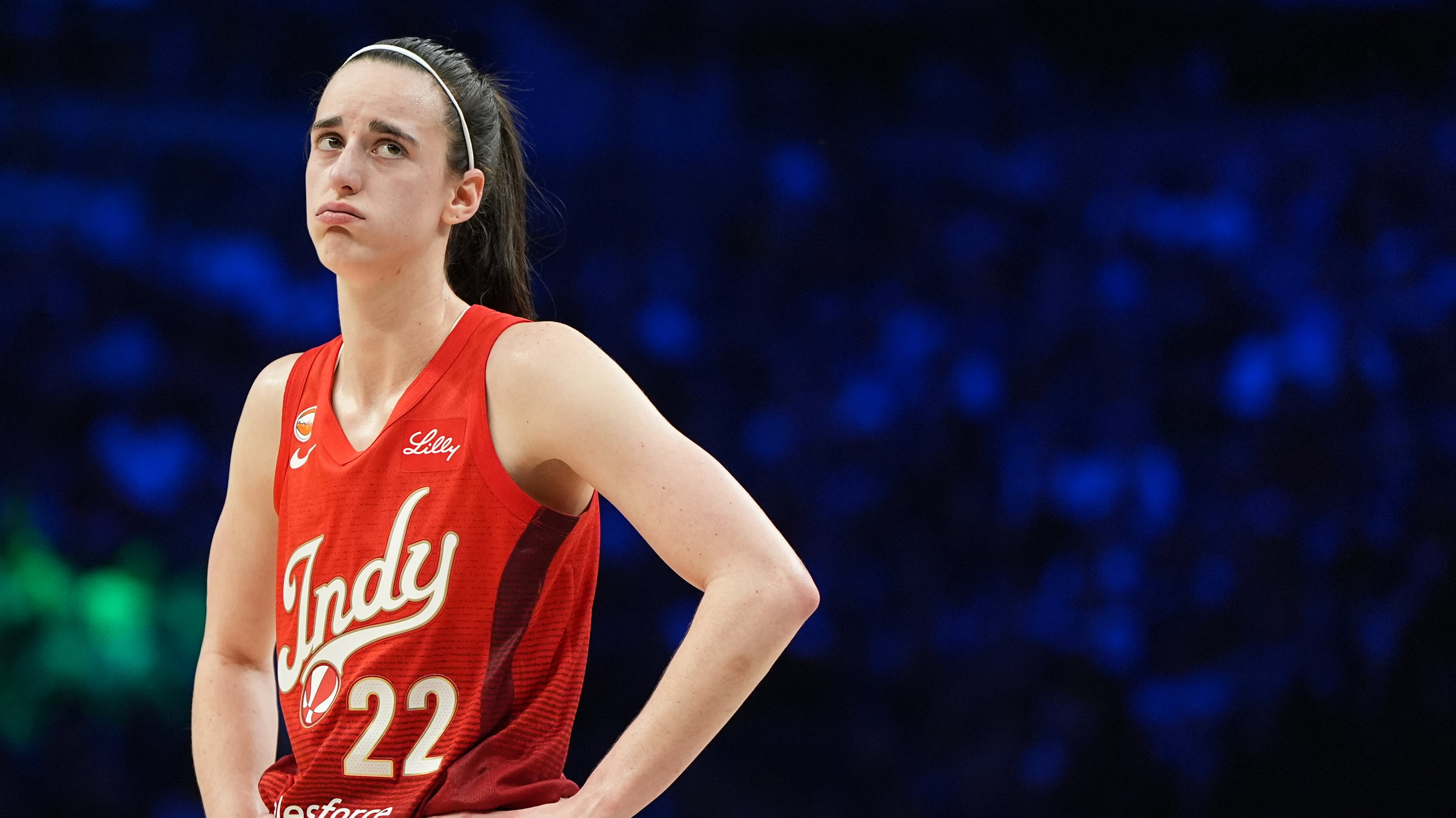 Indiana Fever guard Caitlin Clark reacts during the second half of a WNBA basketball game against the Minnesota Lynx, Sunday, Aug. 2, 2026, in Minneapolis. (AP Photo/Abbie Parr)