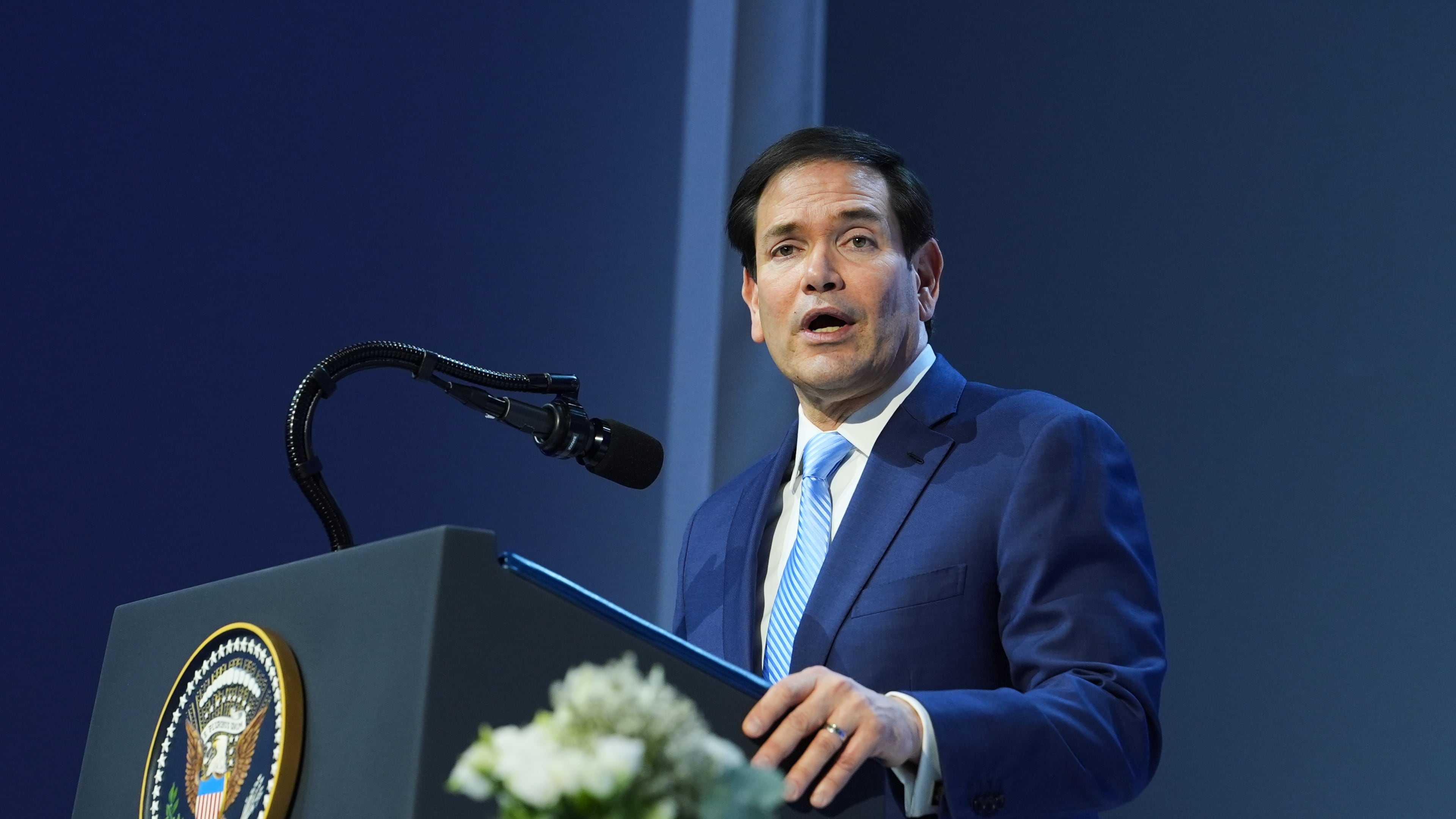 United States Secretary of State Marco Rubio speaks after the signing of a Board of Peace charter during the Annual Meeting of the World Economic Forum in Davos, Switzerland, Thursday, Jan. 22, 2026. (AP Photo/Evan Vucci)
