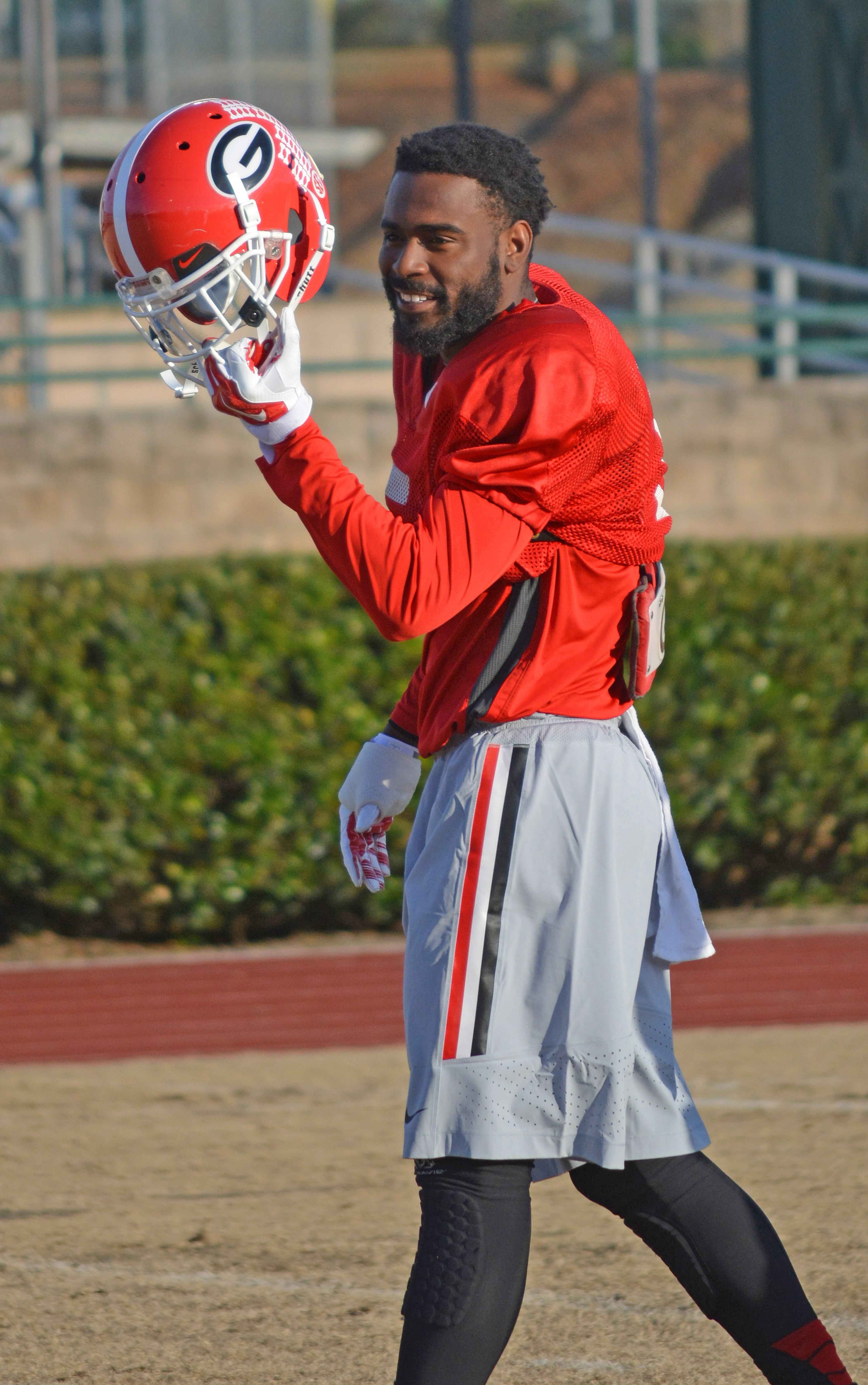 Defensive back Damian Swann looks on during a Belk Bowl practice at Charlotte Country Day School in Charlotte, N.C., on Saturday, Dec. 27, 2014. (Photo by Steven Colquitt / UGA Sports)