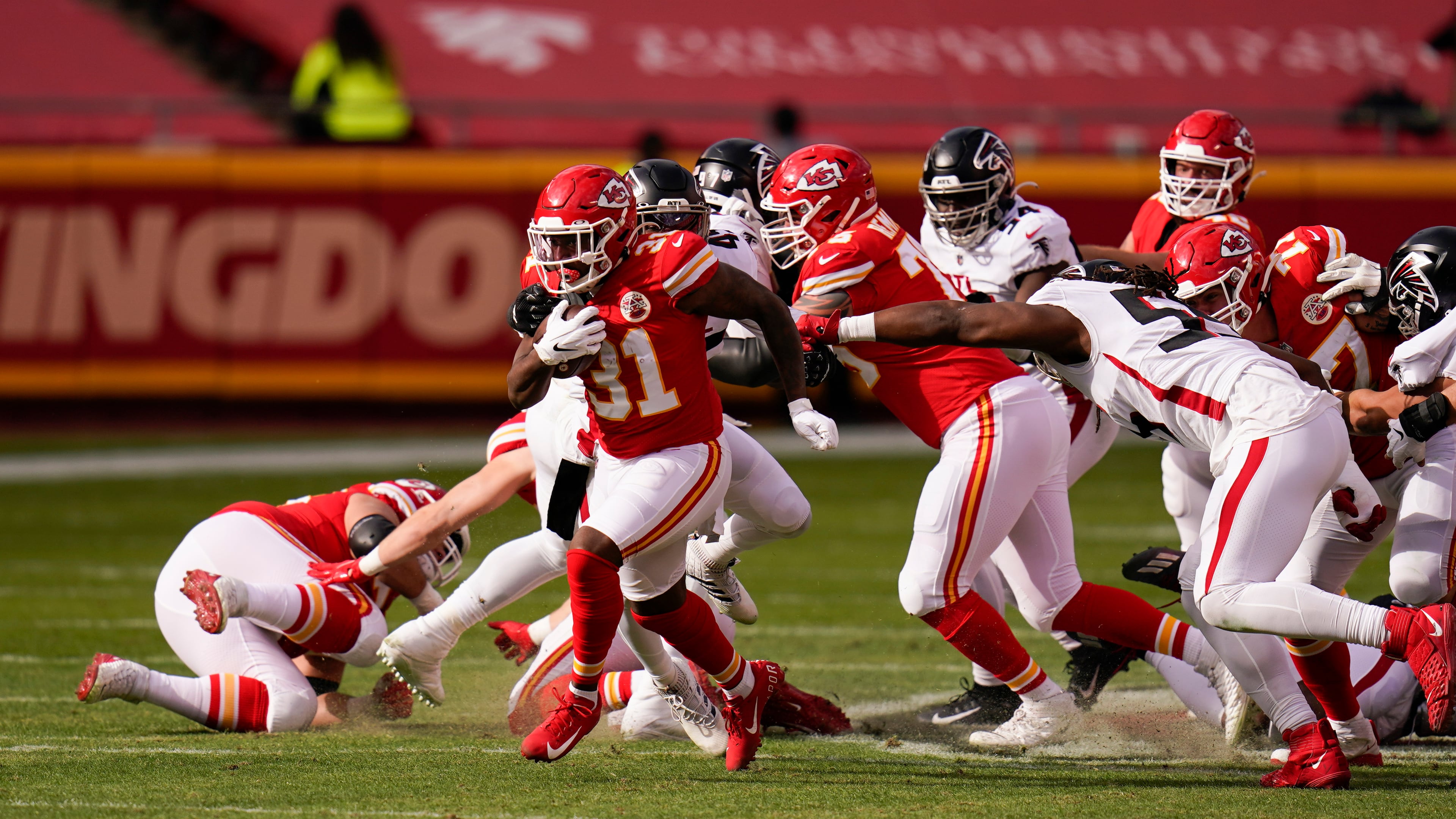 Kansas City Chiefs running back Darrel Williams carries the ball up field during the first half against the Atlanta Falcons, Sunday, Dec. 27, 2020, in Kansas City, Mo. (Jeff Roberson/AP)