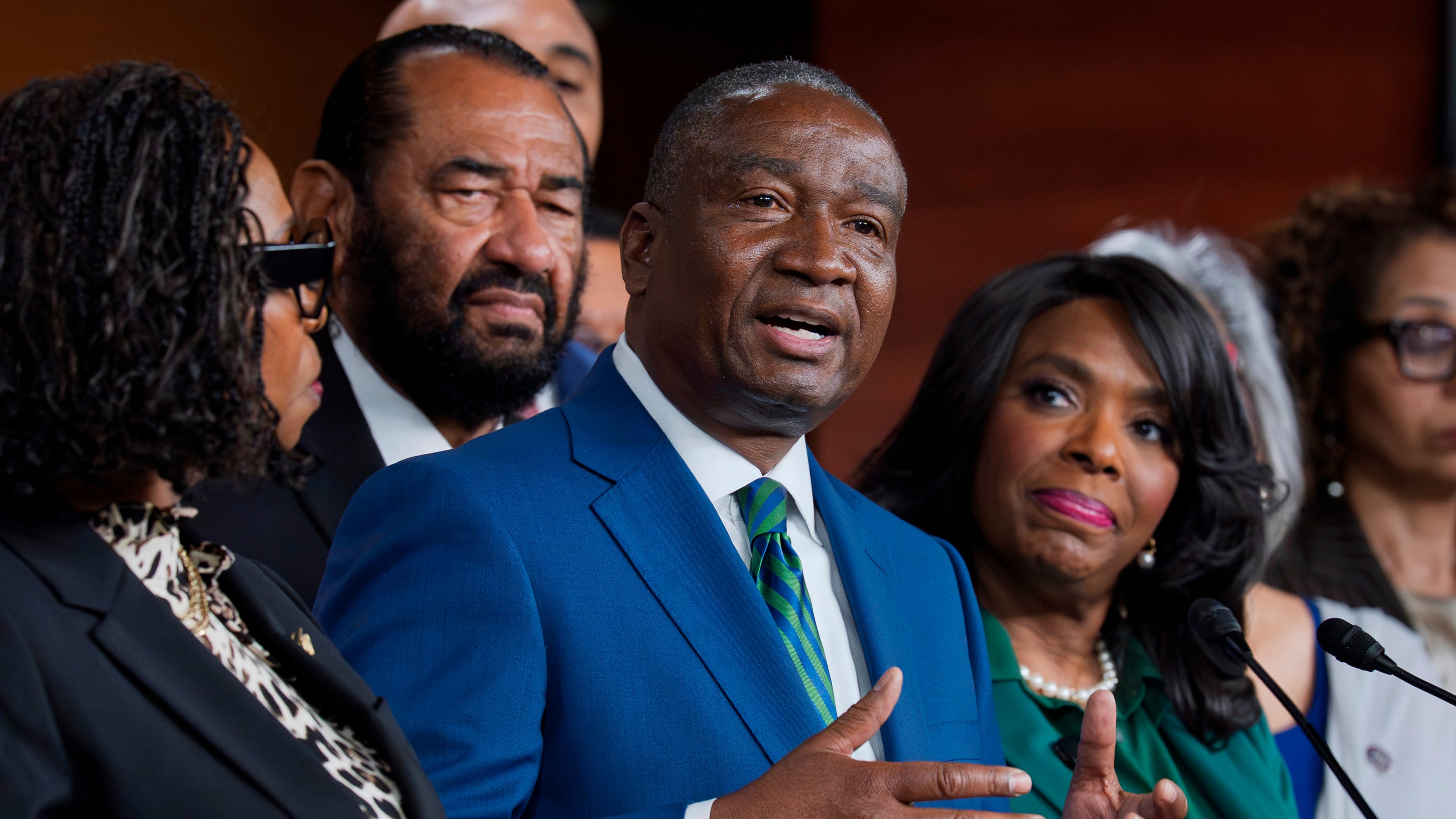 Rep. Cleo Fields, D-La., center, who represents Louisiana's 6th congressional district, is joined by members of the Congressional Black Caucus as they speak to reporters in the wake of the Supreme Court ruling to strike down his majority Black congressional district in Louisiana, at the Capitol in Washington, Wednesday, April 29, 2026. (AP Photo/J. Scott Applewhite)
