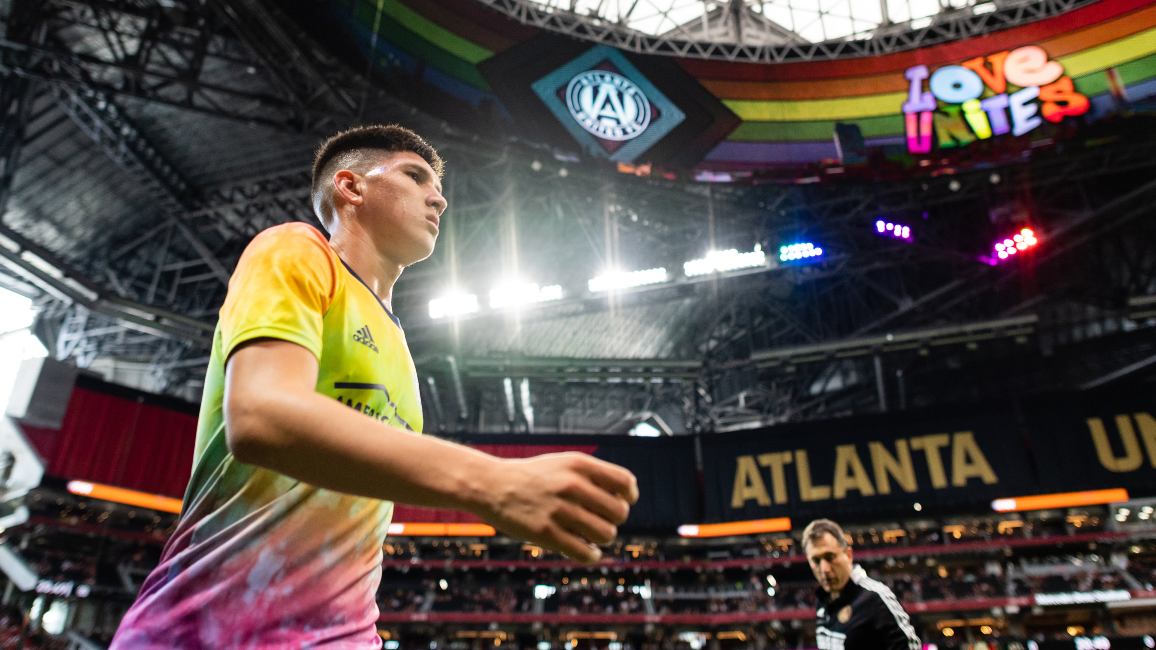 Atlanta United midfielder Franco Ibarra (14) warms up before the match against the New York Red Bulls on Sunday, June 27, 2021, at Mercedes-Benz Stadium in Atlanta. (Jacob Gonzalez/Atlanta United)
