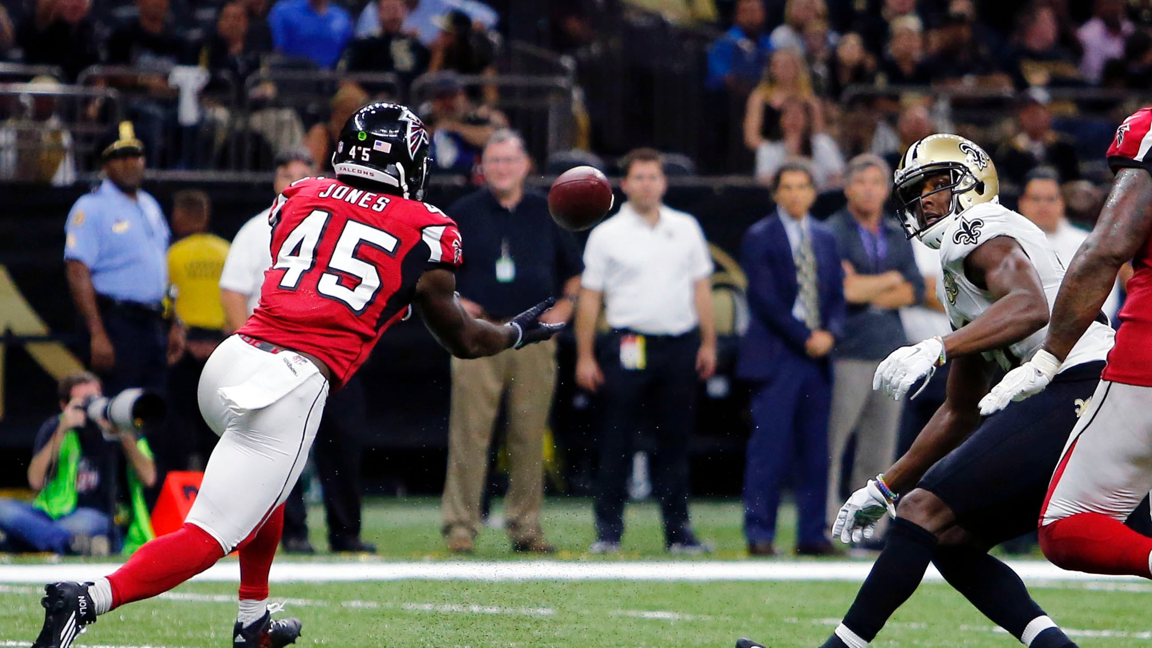 FILE - Atlanta Falcons outside linebacker Deion Jones (45) intercepts a pass from New Orleans Saints quarterback Drew Brees, not pictured, and returns it for a touchdown, in the second half of an NFL football game in New Orleans, on Sept. 26, 2016. (AP Photo/Butch Dill, File)