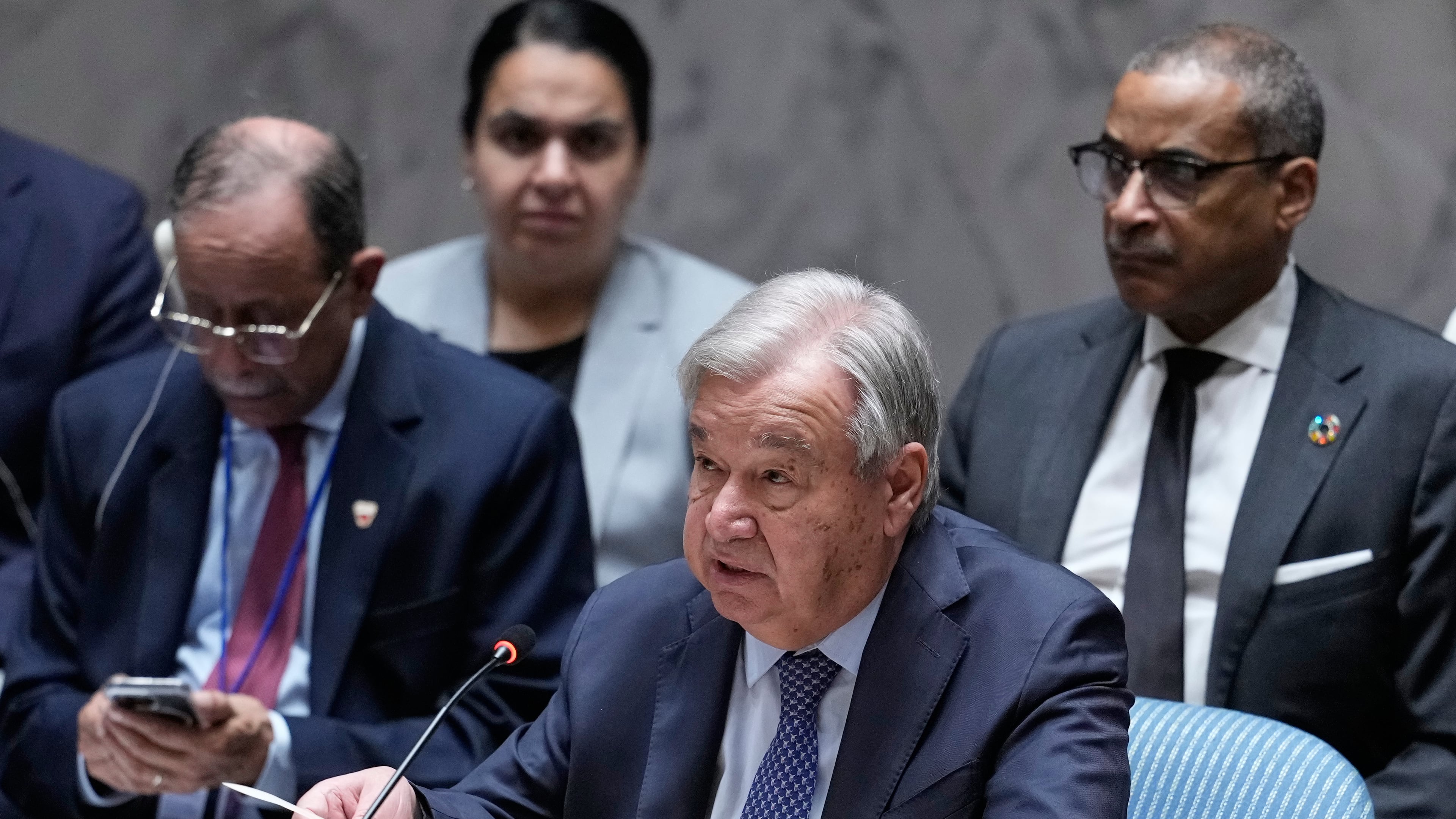 United Nations Secretary-General António Guterres speaks during a Security Council meeting at United Nations headquarters, Tuesday, May 26, 2026. (AP Photo/Seth Wenig)