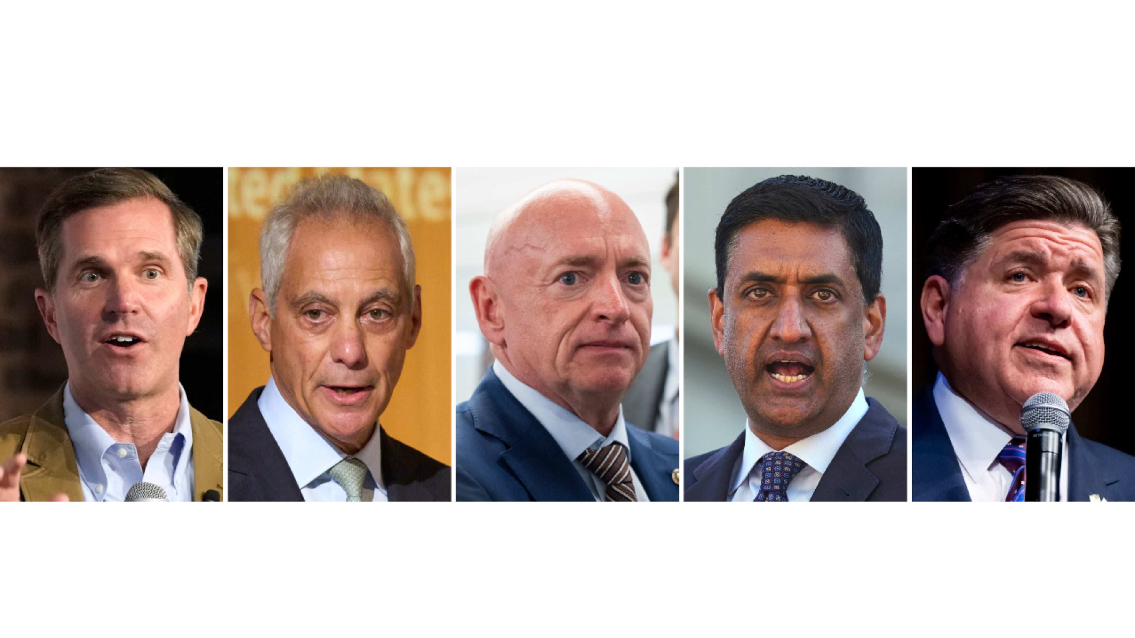 This combination photo shows Kentucky Gov. Andy Beshear, from left, Rahm Emanuel, Sen. Mark Kelly, D-Ariz., Rep. Ro Khanna, D-Calif., and Illinois Gov. J.B. Pritzker. (AP Photo)