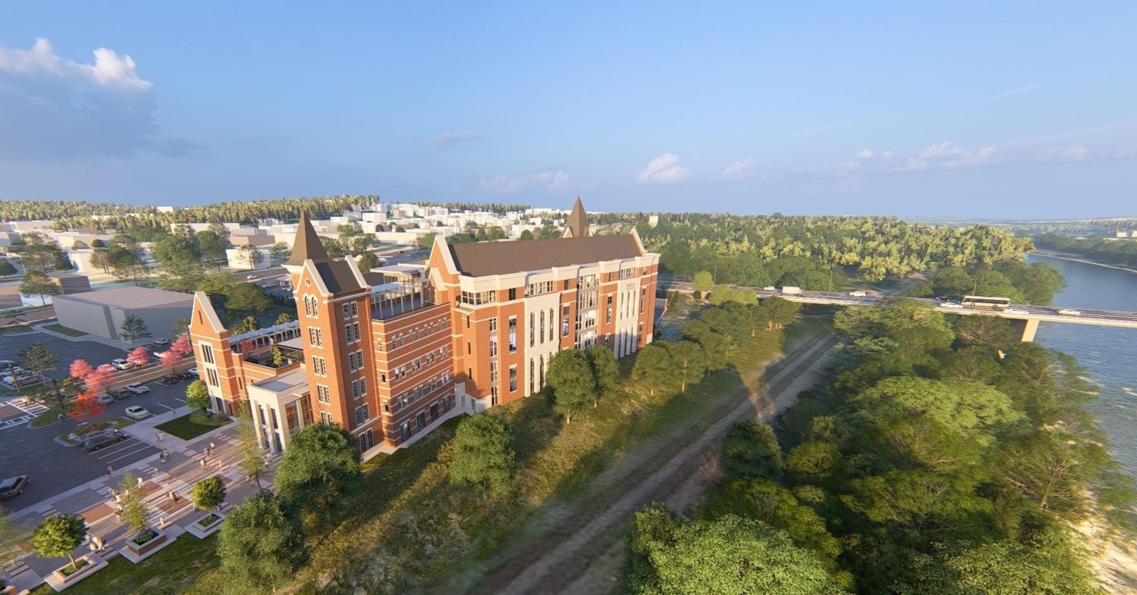 An architectural rendering of Mercer University's soon-to-be-built medical school complex, which will sit along the Ocmulgee River in downtown Macon. (Courtesy of Mercer University)
