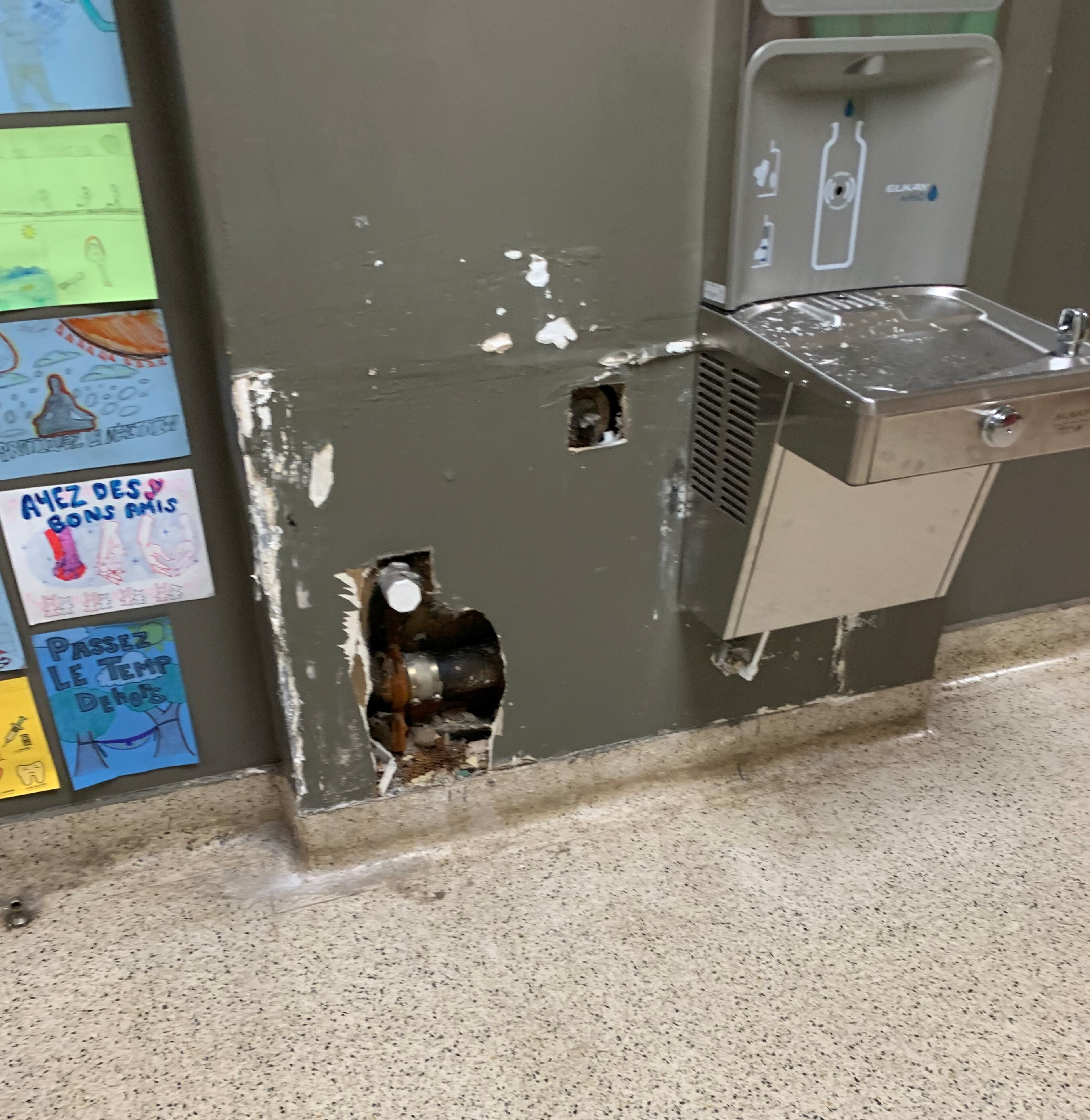 A water fountain at Druid Hills High before it was repaired. After community outcry and state intervention over conditions at the school, the DeKalb County School District began repairs at the school this summer.