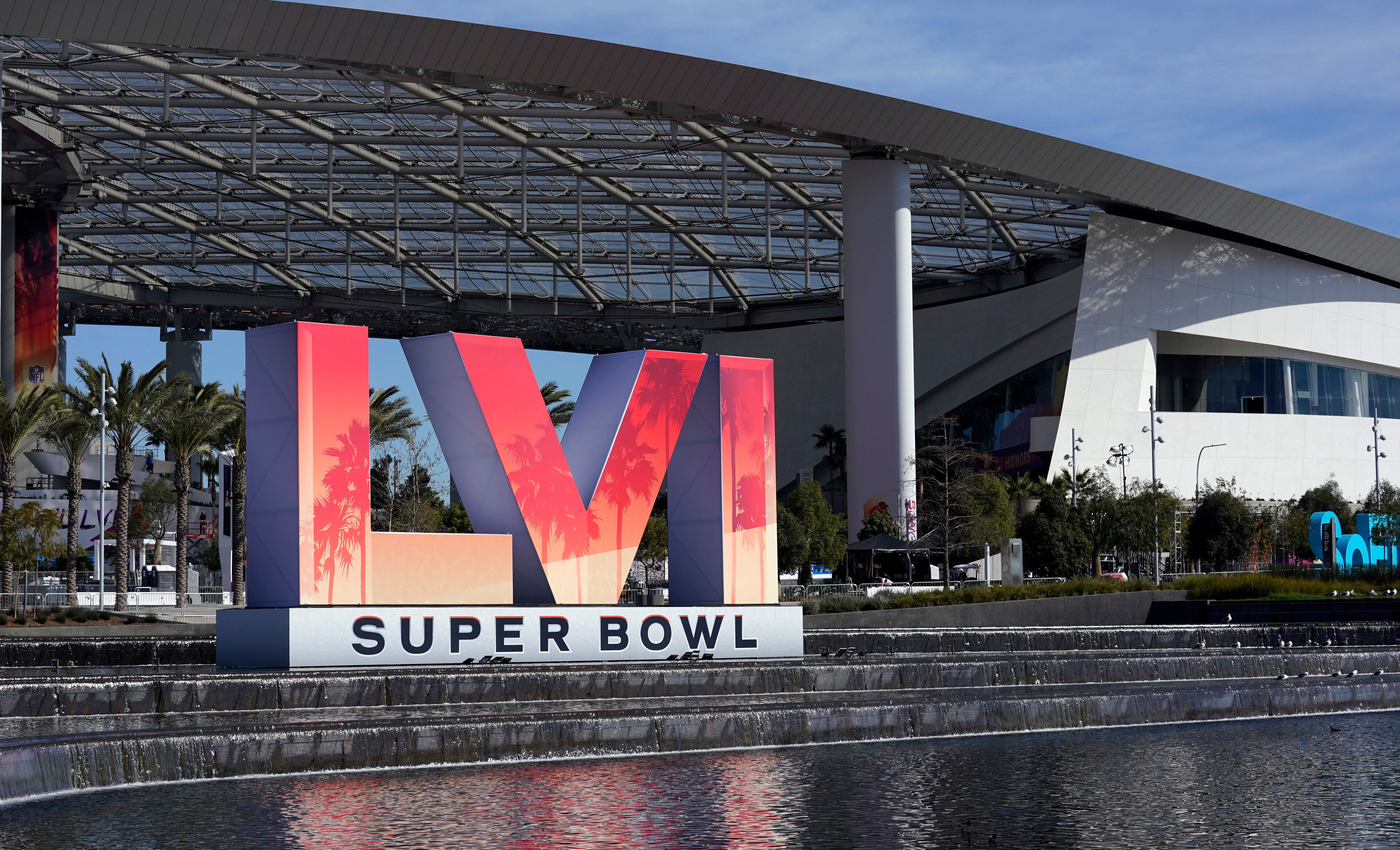 The exterior of SoFi Stadium is seen days before the Super Bowl NFL football game Tuesday, Feb. 8, 2022, in Inglewood, Calif. The Los Angeles Rams will play the Cincinnati Bengals in the Super Bowl Feb. 13. (AP Photo/Marcio Jose Sanchez)