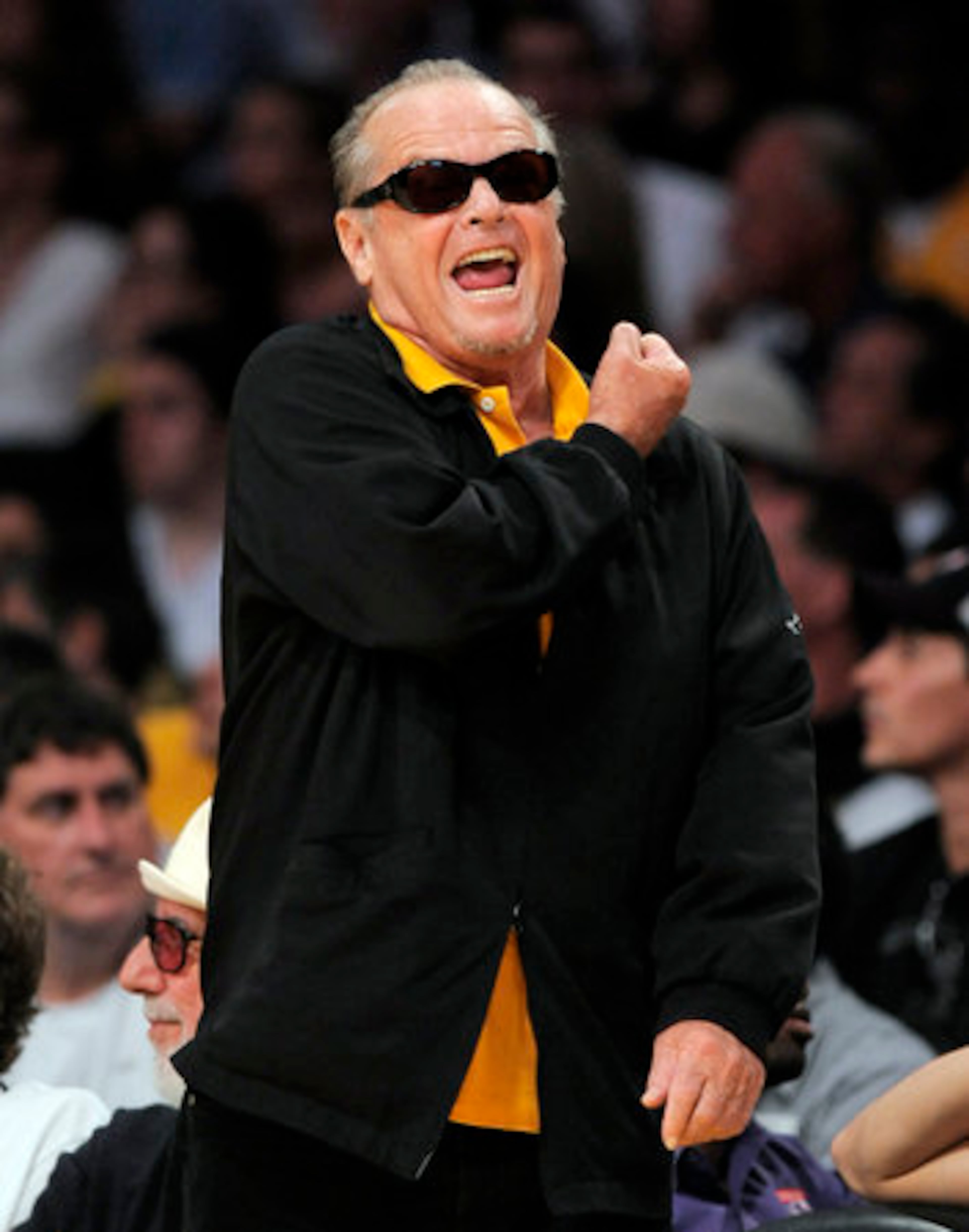 Actor Jack Nicholson reacts during the first half of Game 2 of the NBA basketball finals between the Los Angeles Lakers and the Boston Celtics on Sunday, June 6, 2010, in Los Angeles.