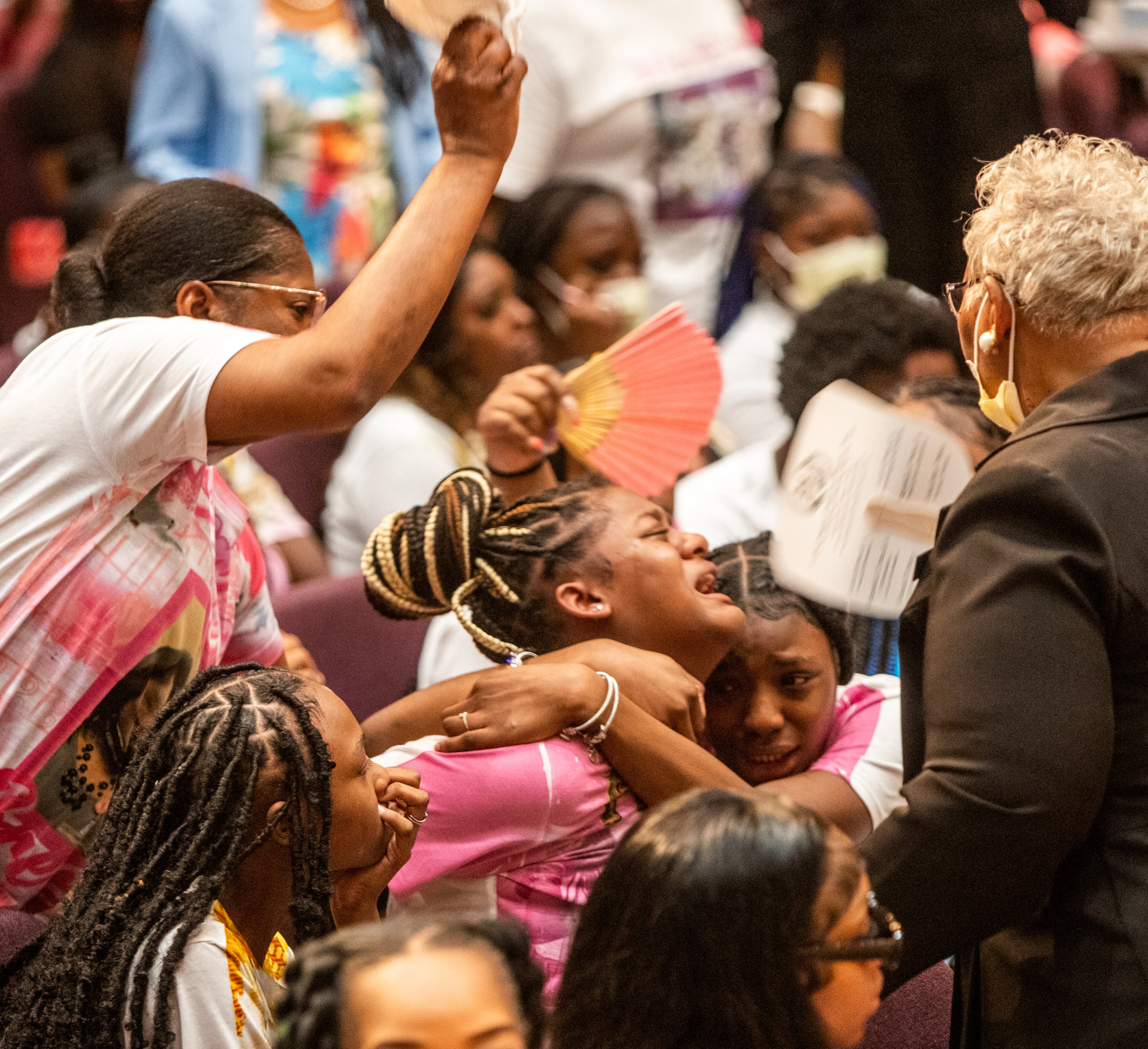 Friends, classmates and members of the community attend Bre’Asia Powell’s memorial service at Jackson Memorial Baptist Church in Atlanta on Saturday, June 3, 2023. Powell, 16, was fatally shot at a graduation party outside Benjamin E. Mays High School. (Jenni Girtman for The Atlanta Journal-Constitution)