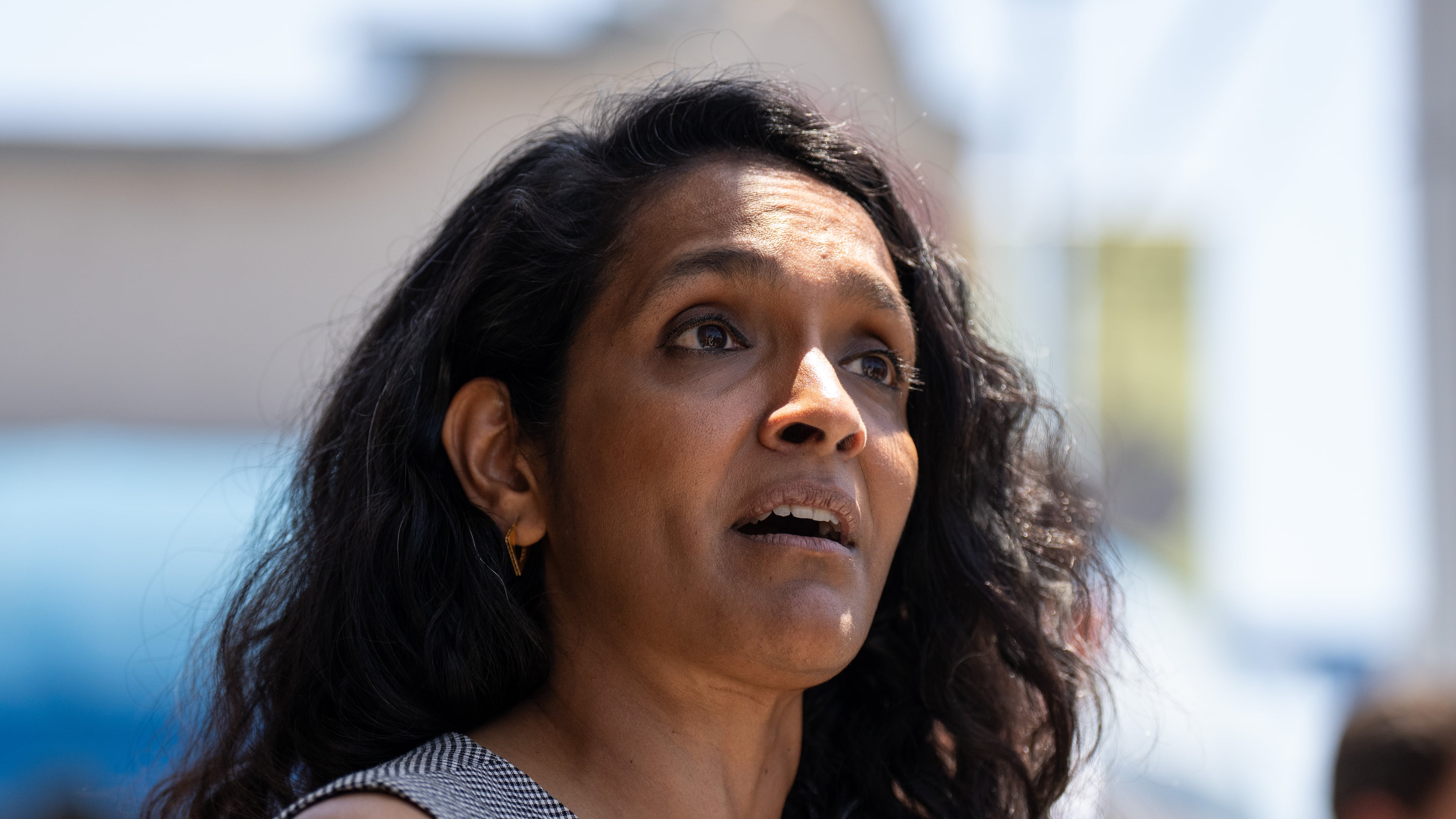 Los Angeles mayoral candidate Nithya Raman talks to reporters after a campaign event in Los Angeles, Monday, June 1, 2026. (AP Photo/Jae C. Hong)