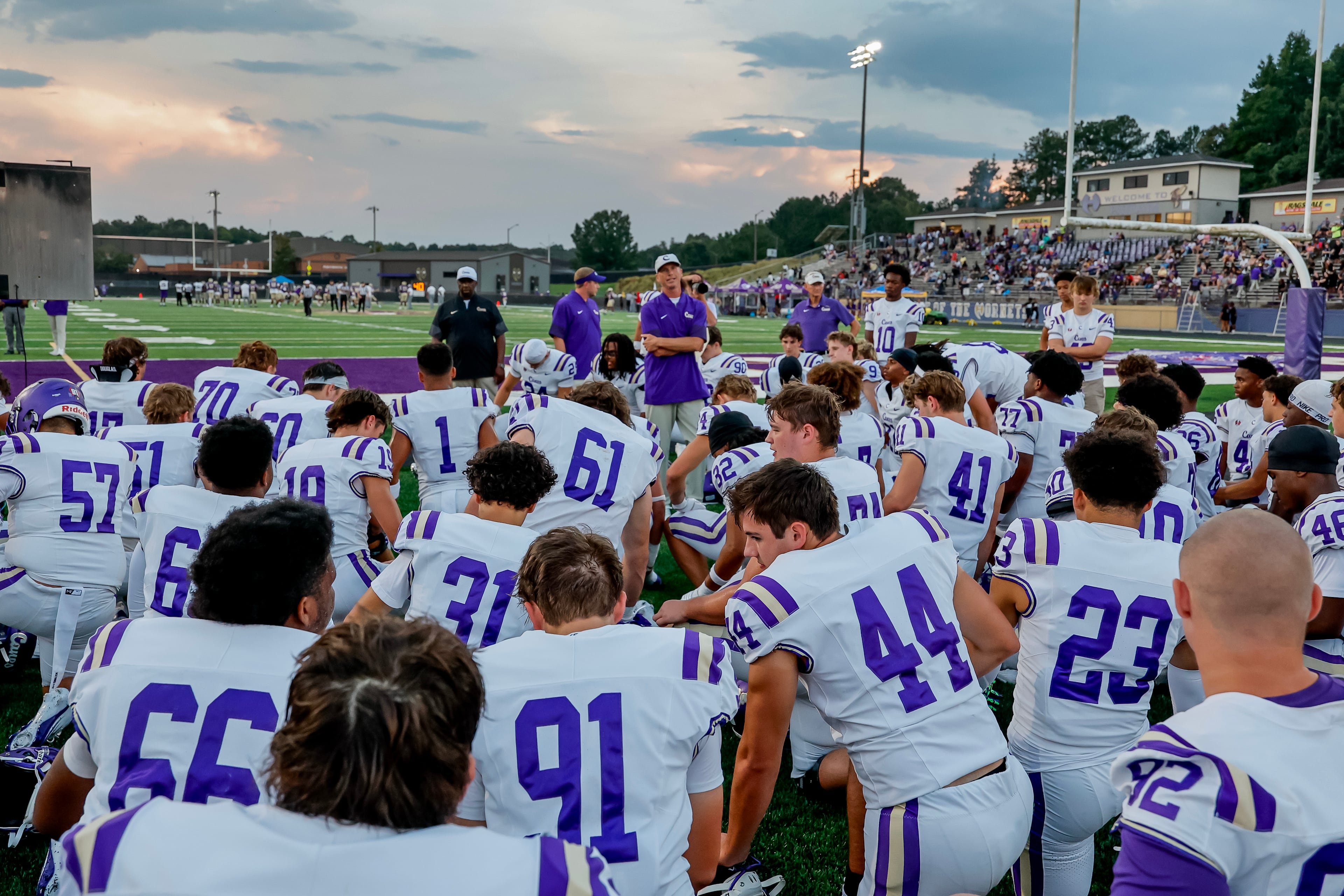 Cartersville coach Conor Foster speaks to his team before their game against Hiram on Friday, Aug. 21, 2026, in Hiram. (Erik S. Lesser for the AJC)